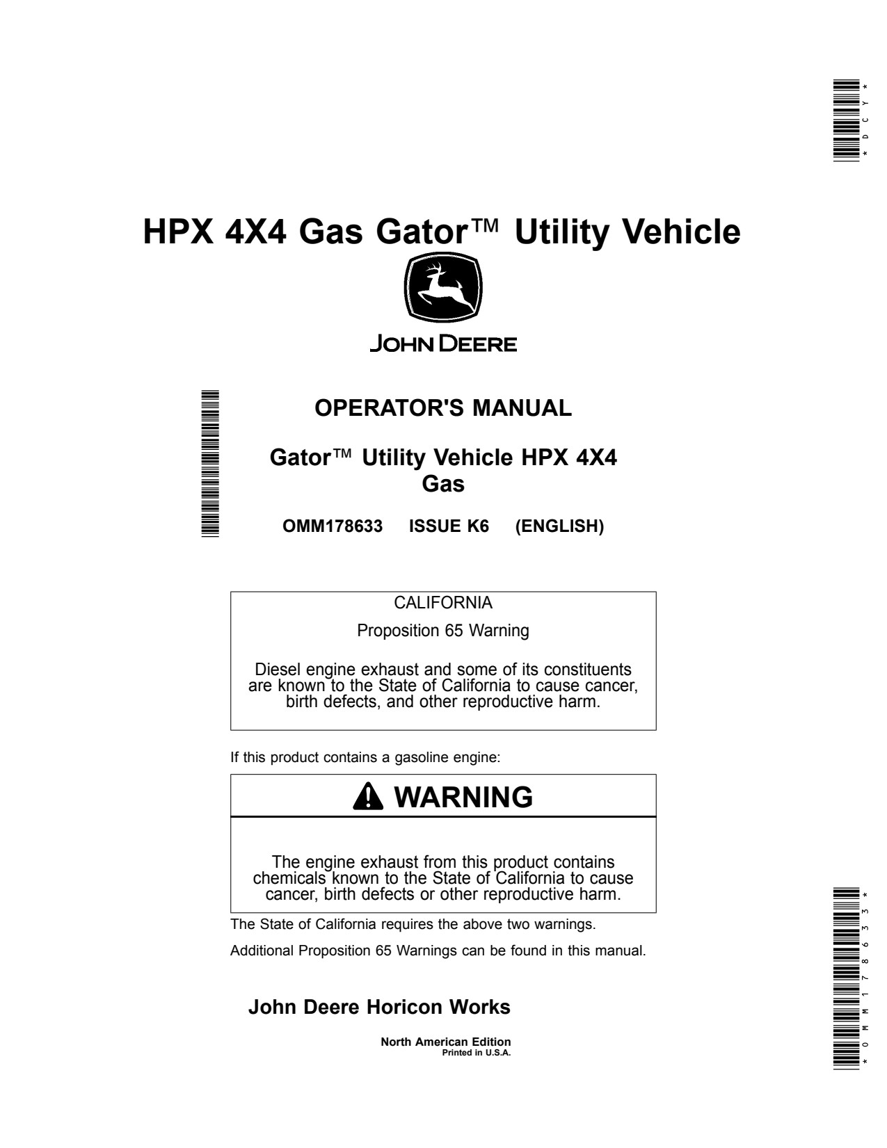 John Deere HPX 4X4 FD620 Gas Utility Vehicle Gator Operator Manual OMM178633 1 John Deere HPX 4X4 FD620 Gas Utility Vehicle Gator Operator Manual OMM178633