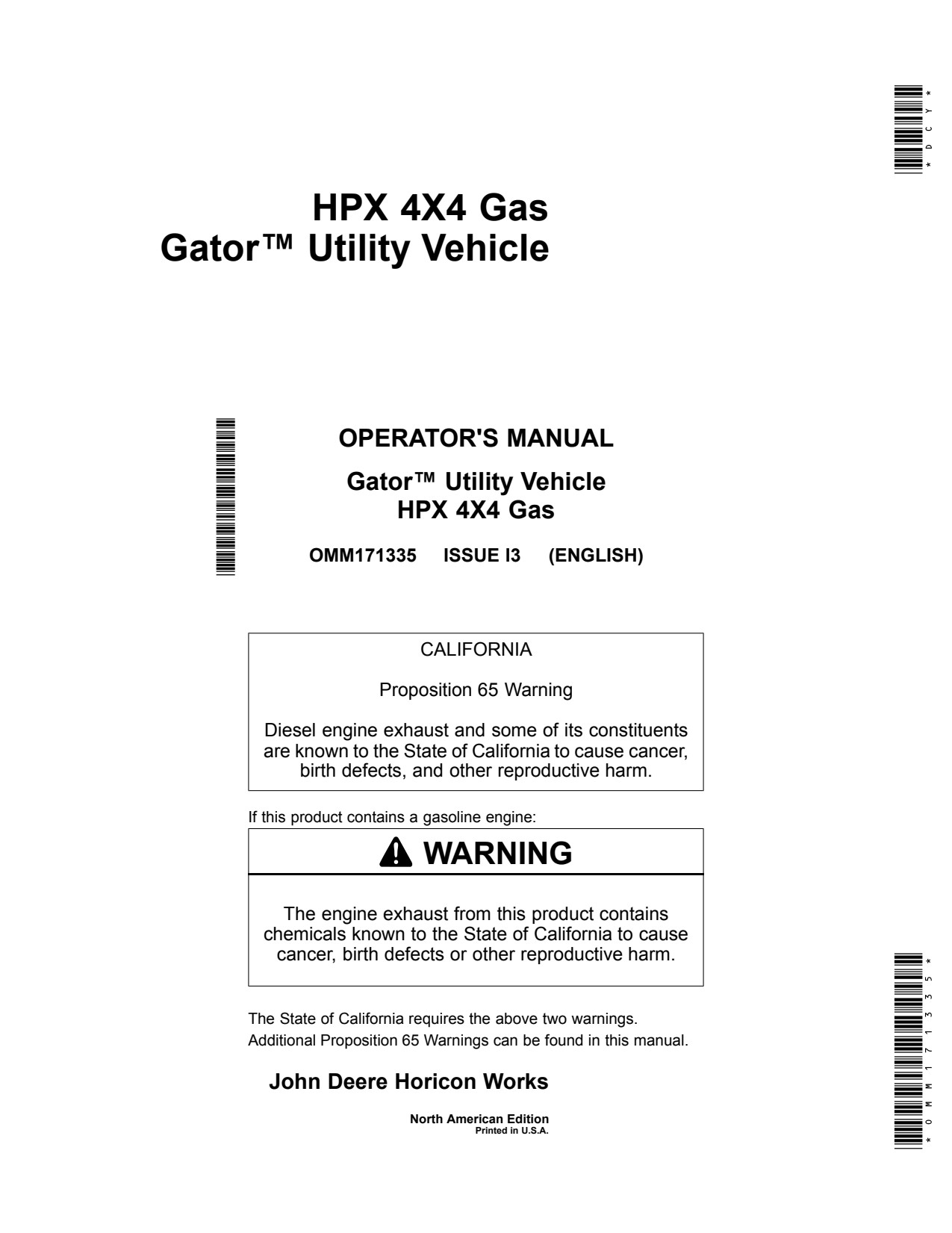 John Deere HPX Gator Gas Utility Vehicle Gator Operator Manual OMM171335 1 John Deere HPX Gator Gas Utility Vehicle Gator Operator Manual OMM171335