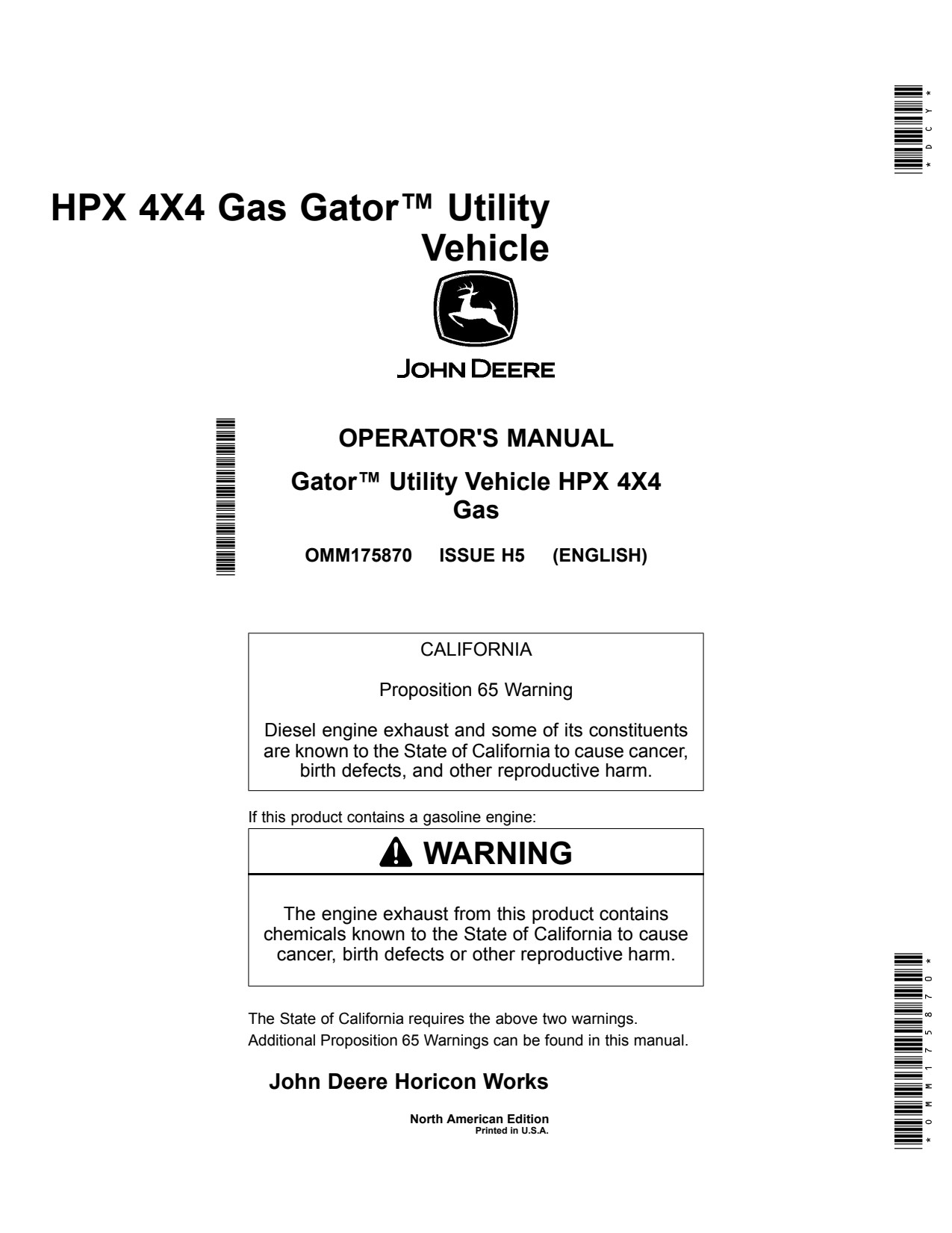 John Deere HPX Gator Gas Utility Vehicle Gator Operator Manual OMM175870 1 John Deere HPX Gator Gas Utility Vehicle Gator Operator Manual OMM175870