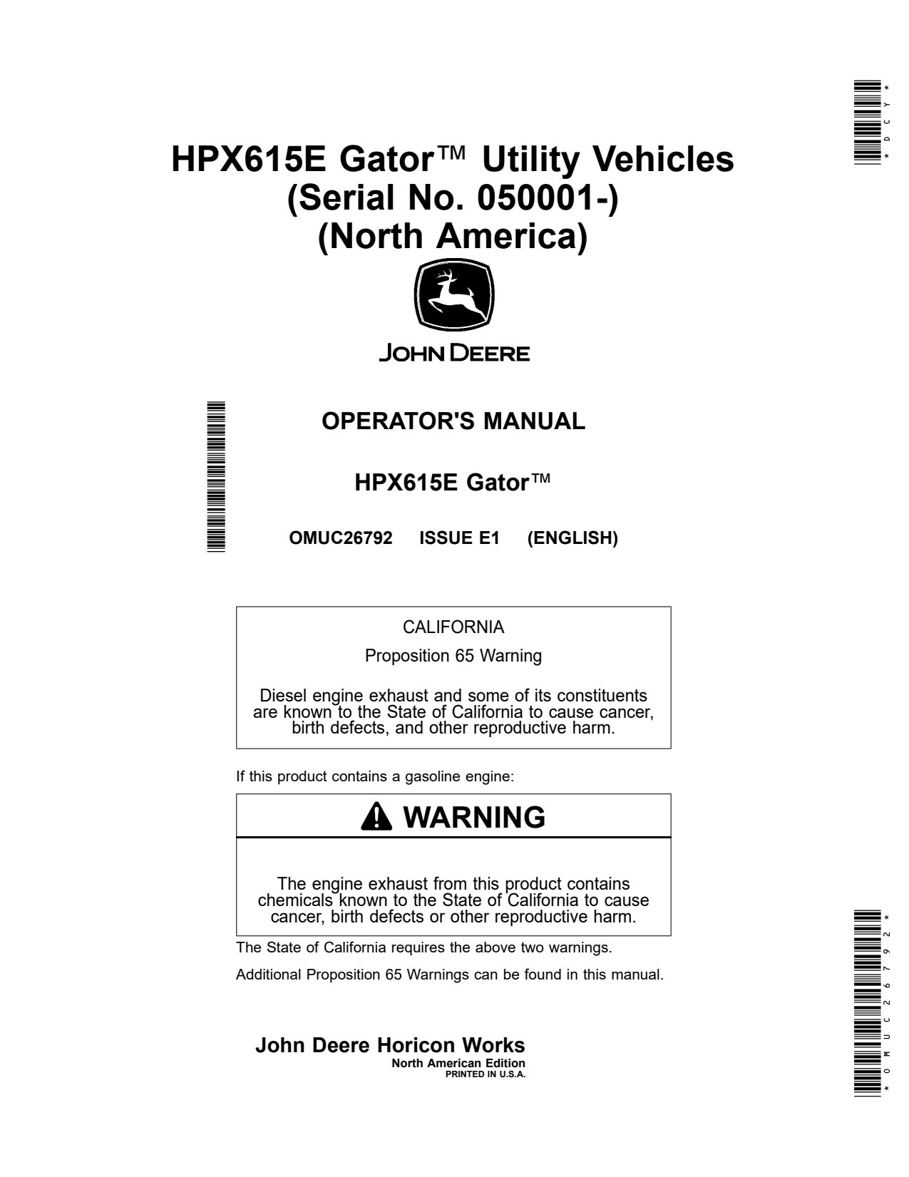 John Deere HPX615E Utility Vehicle Gator Operator Manual OMUC26792 1 John Deere HPX615E Utility Vehicle Gator Operator Manual OMUC26792
