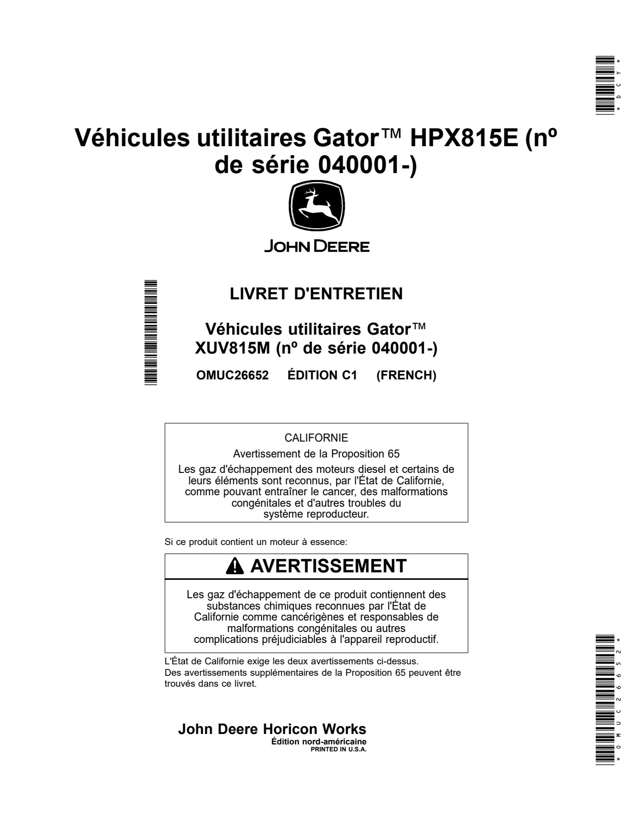 John Deere HPX815E Utility Vehicle Gator Operator Manual OMUC26652 FR 1 John Deere HPX815E Utility Vehicle Gator Operator Manual OMUC26652 FR