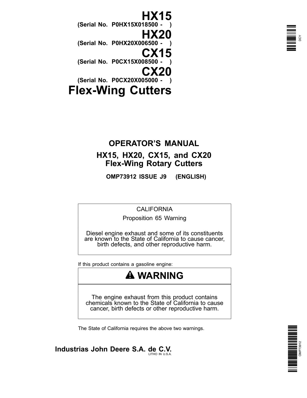 John Deere HX15 HX20 CX15 CX20 Flex-wing Rotary Cutter Operator Manual OMP73912 1 John Deere HX15 HX20 CX15 CX20 Flex-wing Rotary Cutter Operator Manual OMP73912
