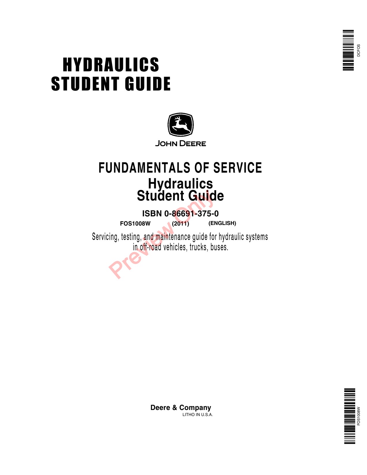 John Deere Hydraulics Student Guide 8th Edition Educational Material FOS1008W