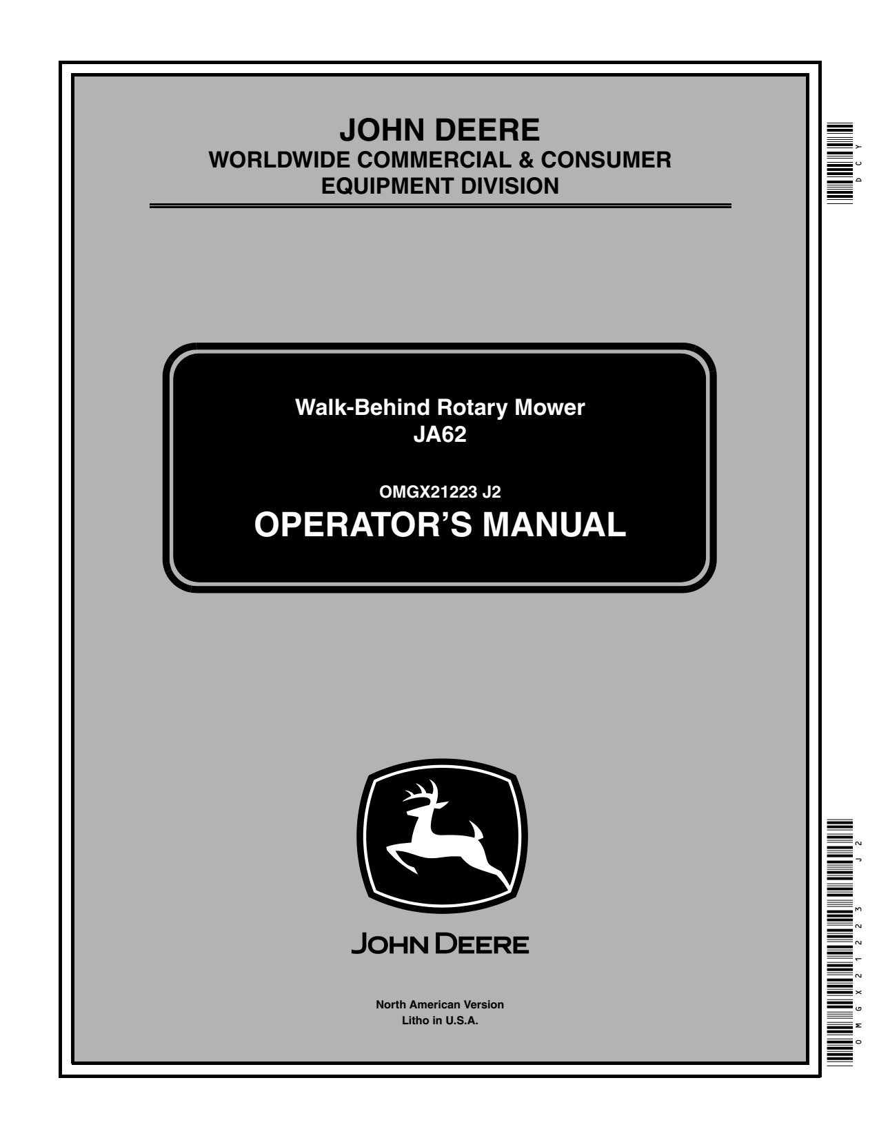John Deere JA62 Walk-behind Rotary Mower Operator Manual OMGX21223 1 John Deere JA62 Walk-behind Rotary Mower Operator Manual OMGX21223