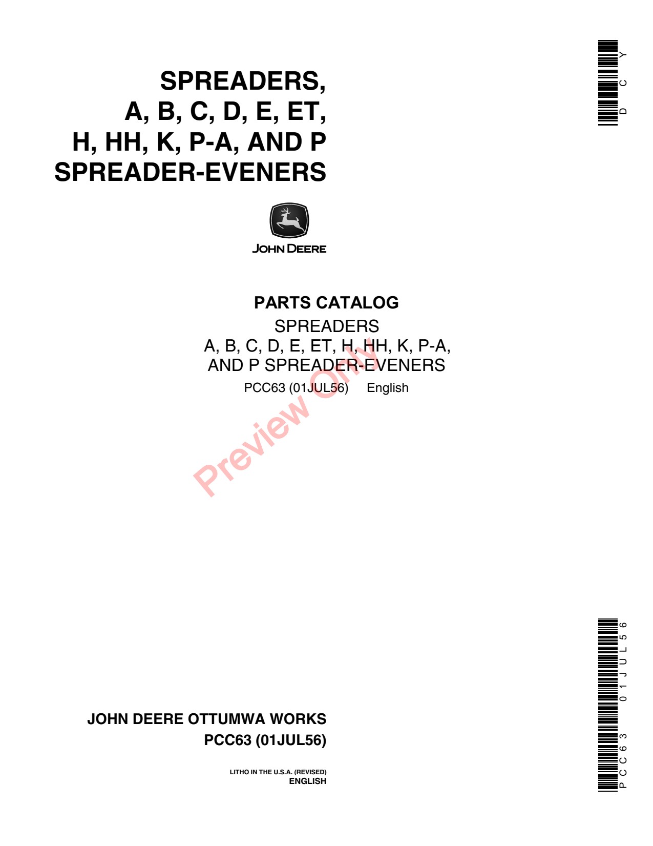 John Deere JD D E ET H HH K P P-A Manure Spreader Parts Catalog PCC63 1 John Deere JD D E ET H HH K P P-A Manure Spreader Parts Catalog PCC63