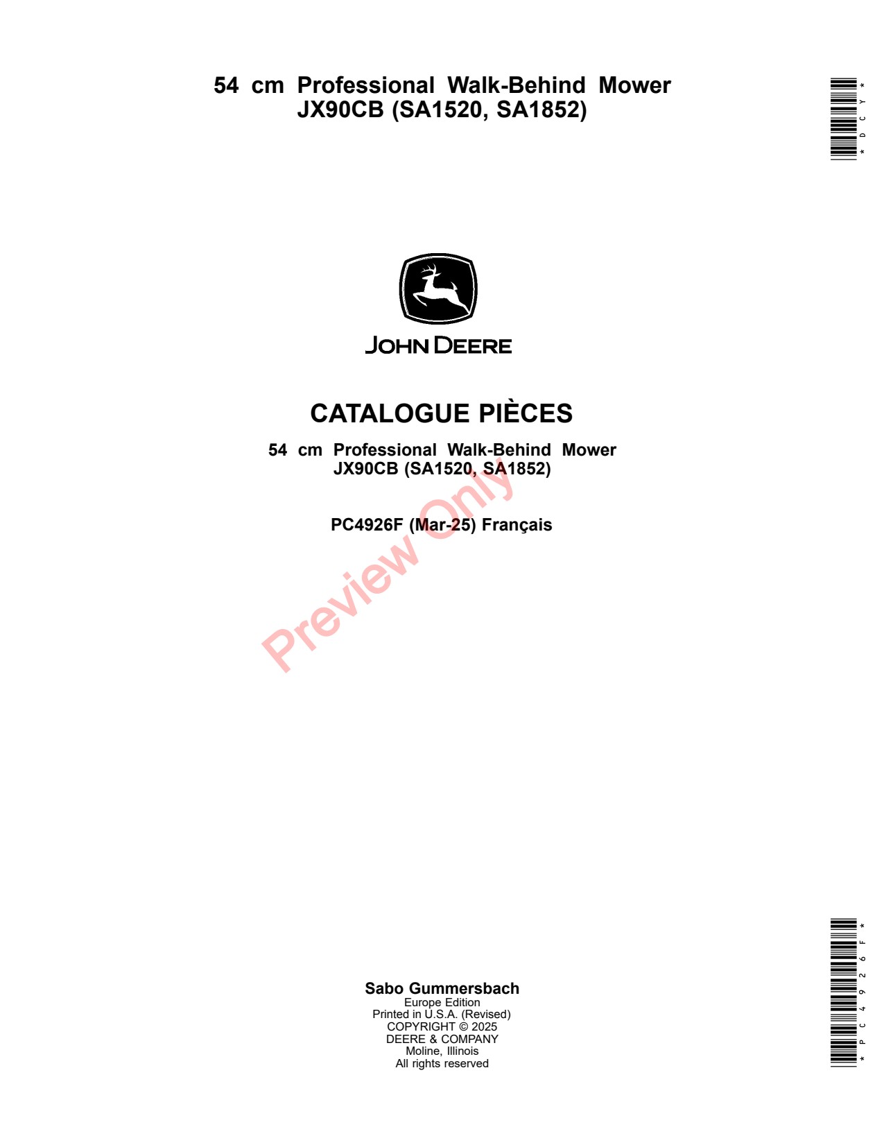 John Deere JX90CB SA1520 SA1852 54 Professional Walk-Behind Mower Parts Catalog PC4926F FR 1 John Deere JX90CB SA1520 SA1852 54 Professional Walk-Behind Mower Parts Catalog PC4926F FR