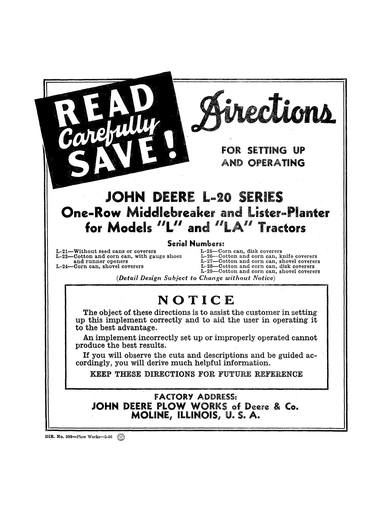 John Deere L-20 Lister Planter Operator Manual DIR359A 1 John Deere L-20 Lister Planter Operator Manual DIR359A