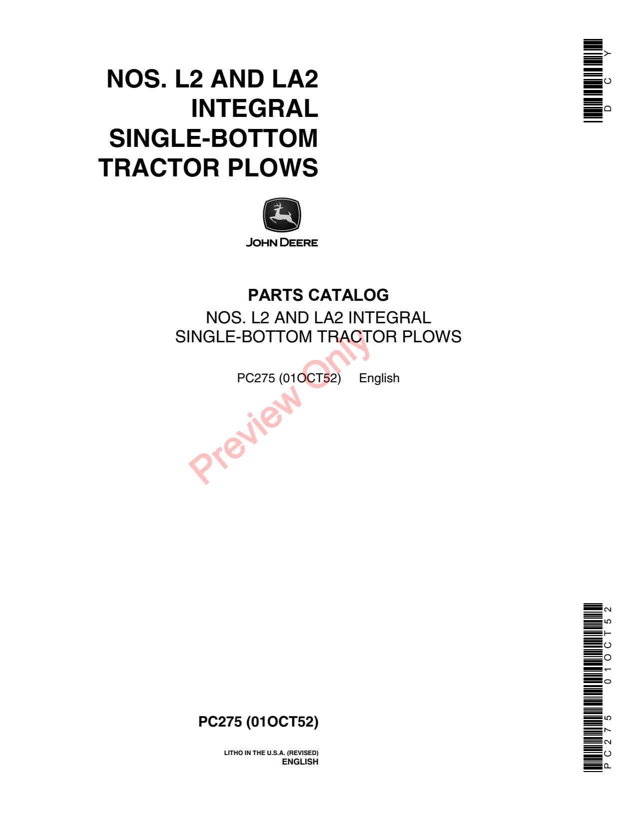 John Deere L2 LA-2 LA2 Integral Single-bottom Tractor Parts Catalog PC275 1 John Deere L2 LA-2 LA2 Integral Single-bottom Tractor Parts Catalog PC275