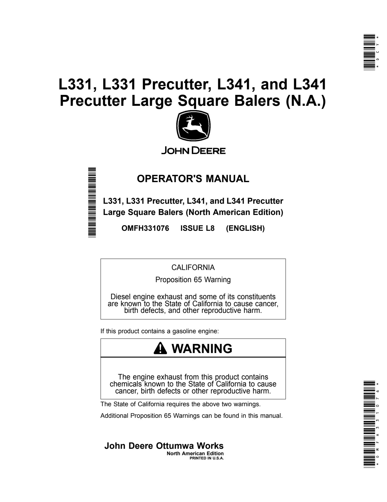 John Deere L331 Precutter L341 Large Square Baler Operator Manual OMFH331076 1 John Deere L331 Precutter L341 Large Square Baler Operator Manual OMFH331076