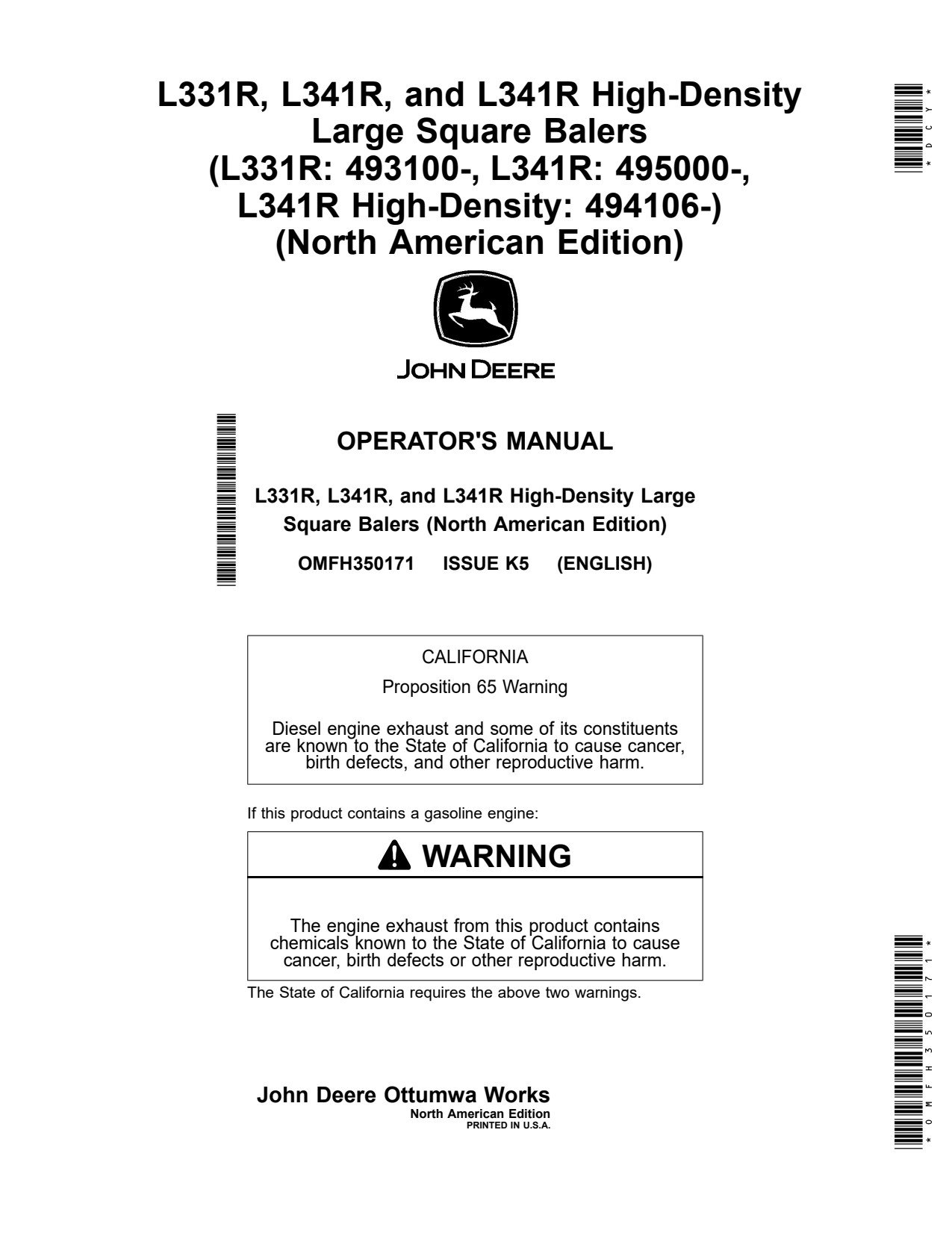 John Deere L331R L341R High-Density Large Square Baler Operator Manual OMFH350171 1 John Deere L331R L341R High-Density Large Square Baler Operator Manual OMFH350171