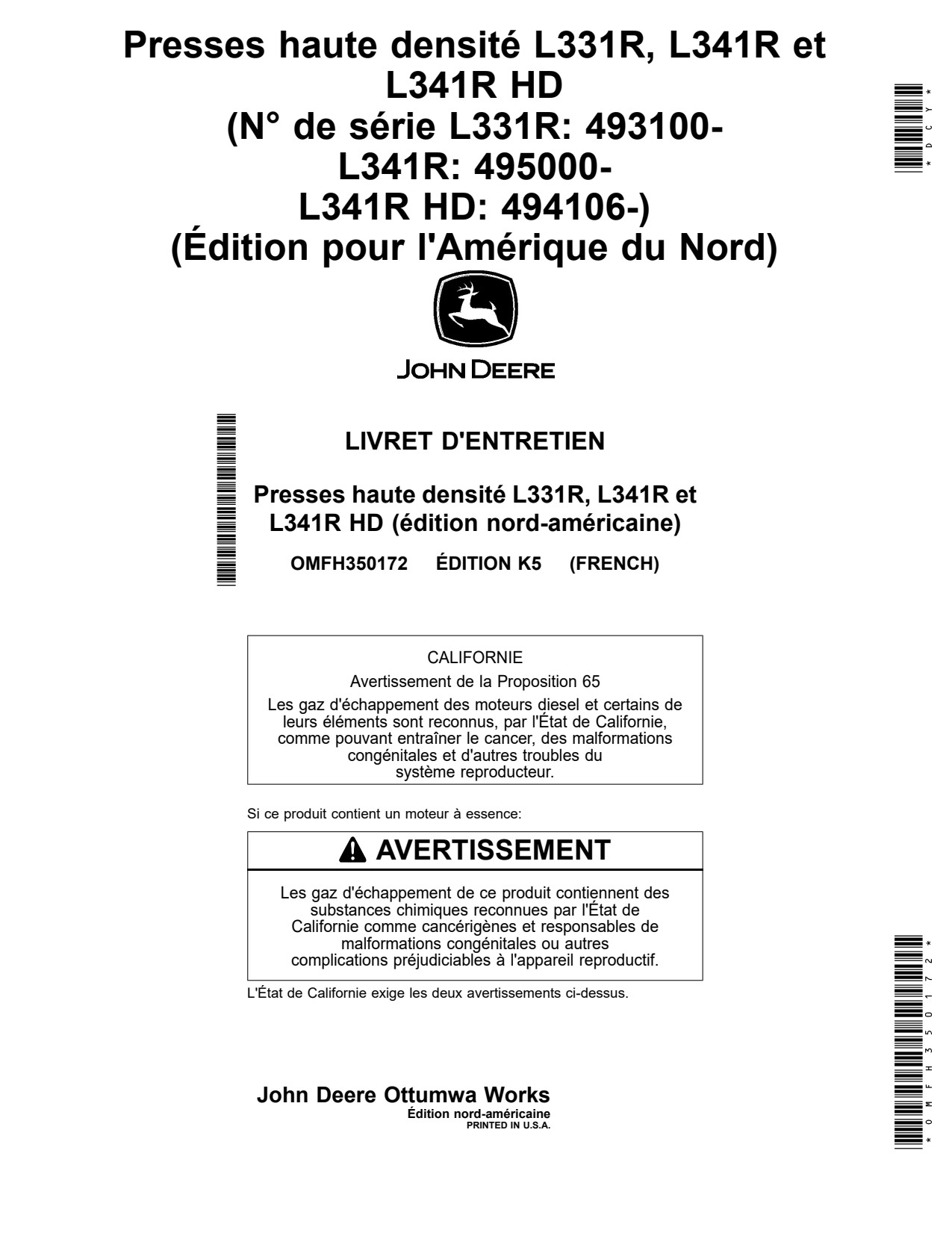 John Deere L331R L341R High-Density Large Square Baler Operator Manual OMFH350172 FR 1 John Deere L331R L341R High-Density Large Square Baler Operator Manual OMFH350172 FR