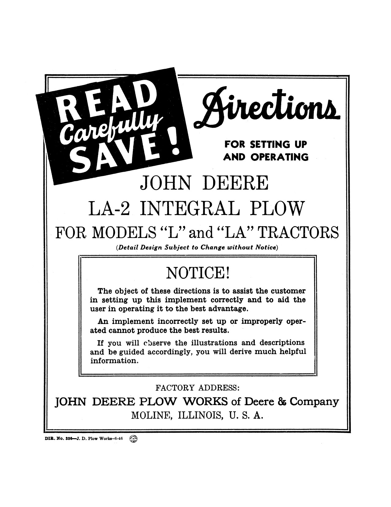 John Deere LA-2 Integral Plow Operator Manual DIR336 1 John Deere LA-2 Integral Plow Operator Manual DIR336