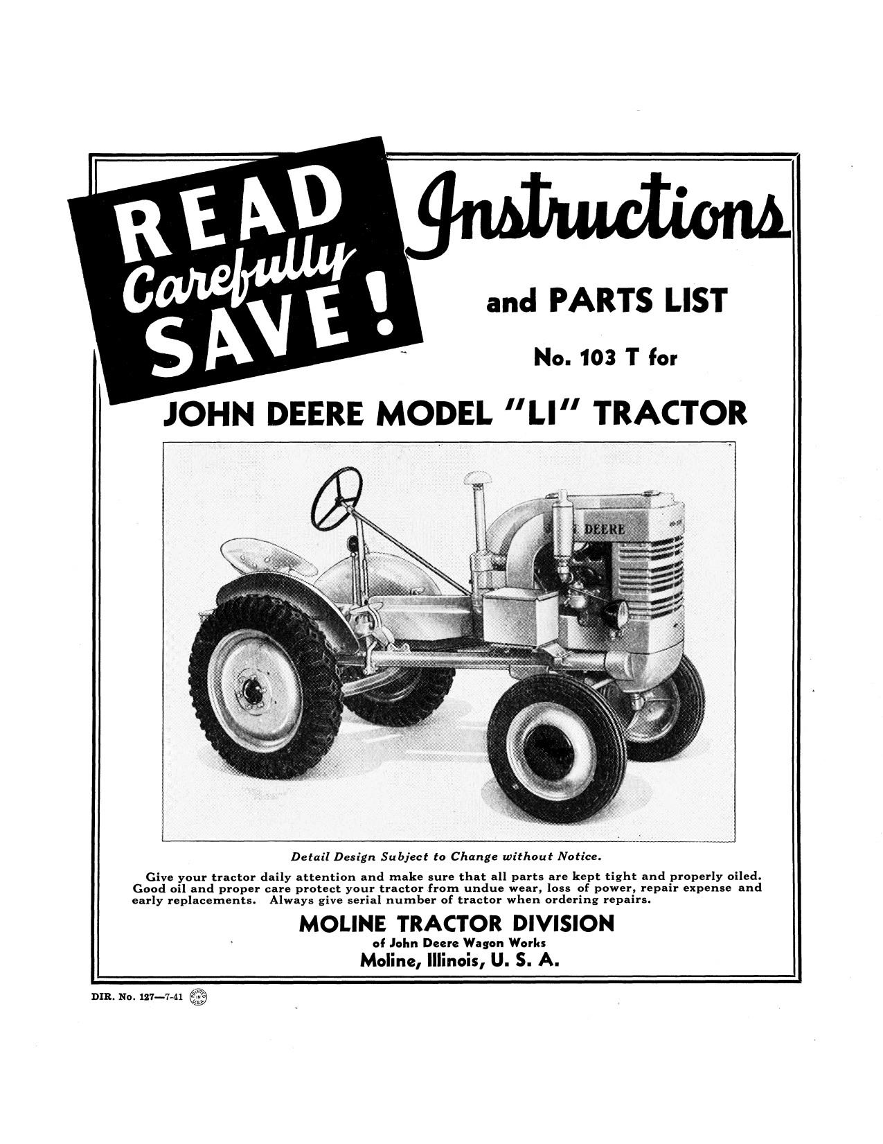John Deere LI 103T Utility Tractor Operator Manual DIR127A 1 John Deere LI 103T Utility Tractor Operator Manual DIR127A
