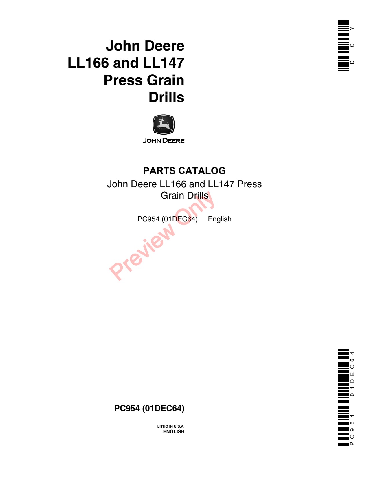John Deere LL147 LL166 Press Grain Drill Parts Catalog PC954 1 John Deere LL147 LL166 Press Grain Drill Parts Catalog PC954