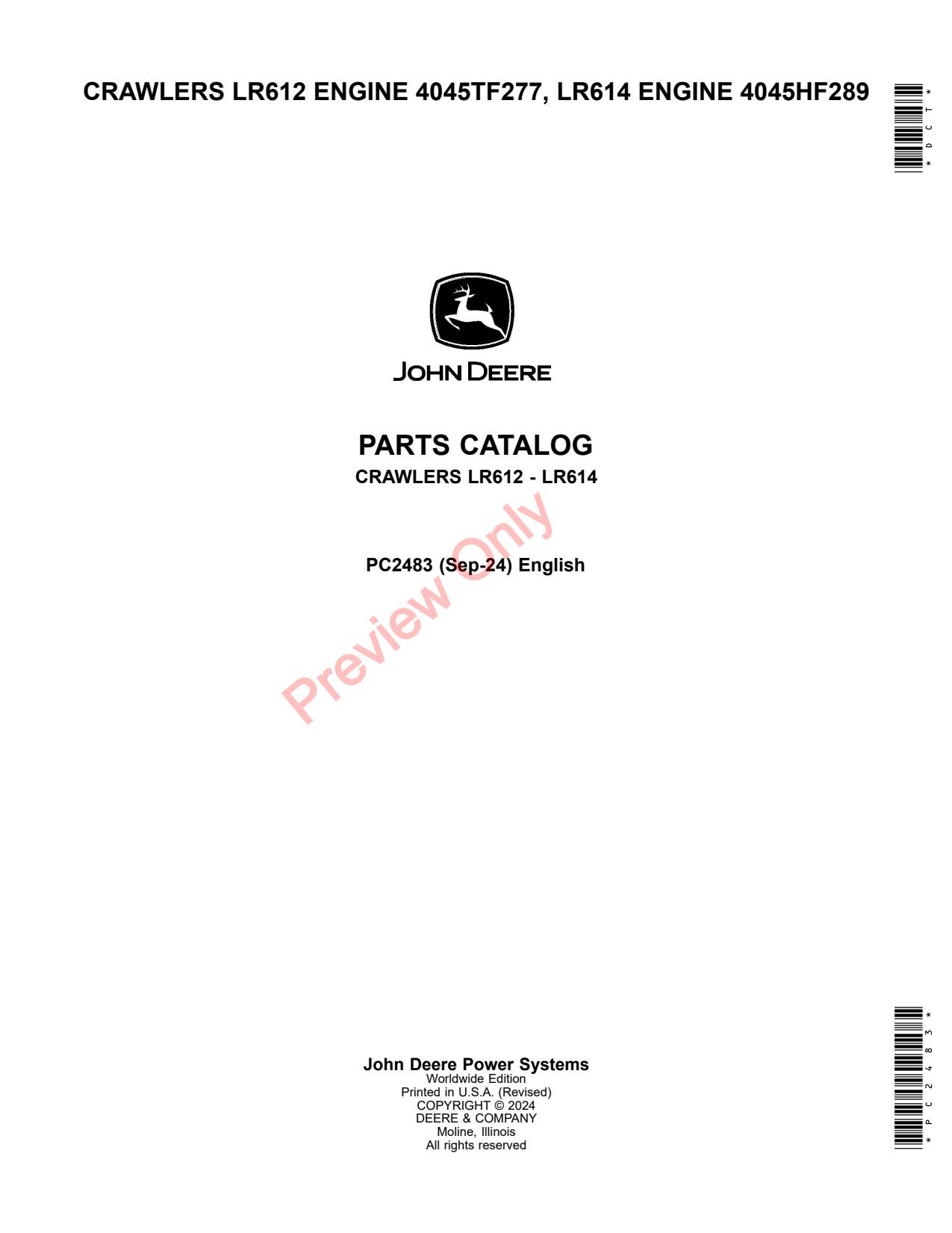 John Deere LR612 - 4045TF277 LR614 4045HF289 Crawler Parts Catalog PC2483 1 John Deere LR612 - 4045TF277 LR614 4045HF289 Crawler Parts Catalog PC2483