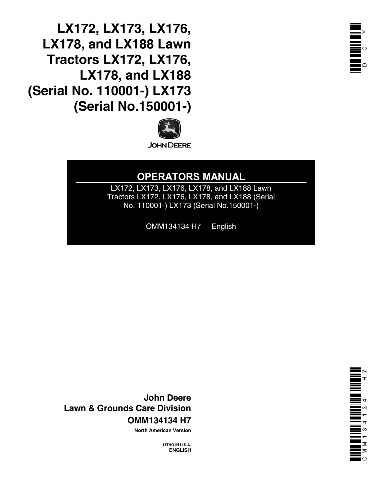 John Deere LX176 LX178 LX188 LX173 LX172 LX186 Lawn Tractor Operator Manual OMM134134 1 John Deere LX176 LX178 LX188 LX173 LX172 LX186 Lawn Tractor Operator Manual OMM134134