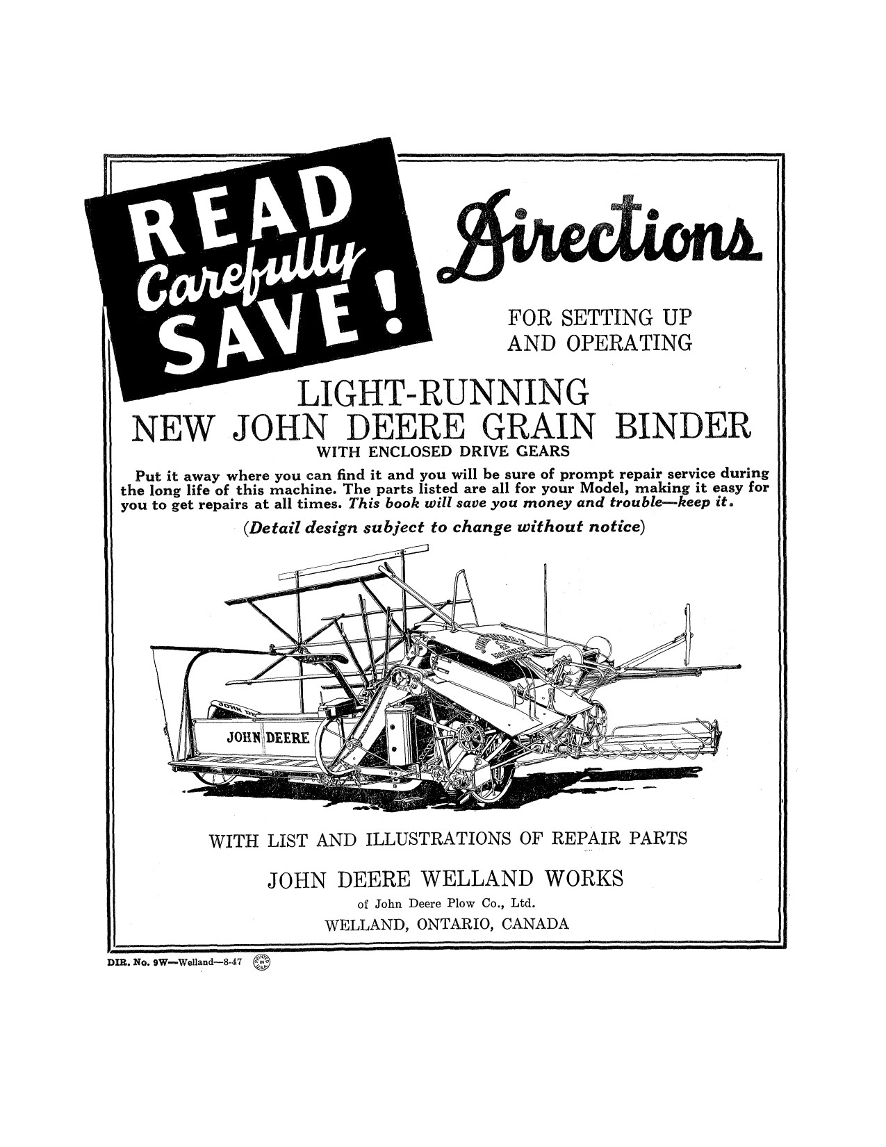 John Deere Light Running Grain Binder Operator Manual DIR9W 1 John Deere Light Running Grain Binder Operator Manual DIR9W