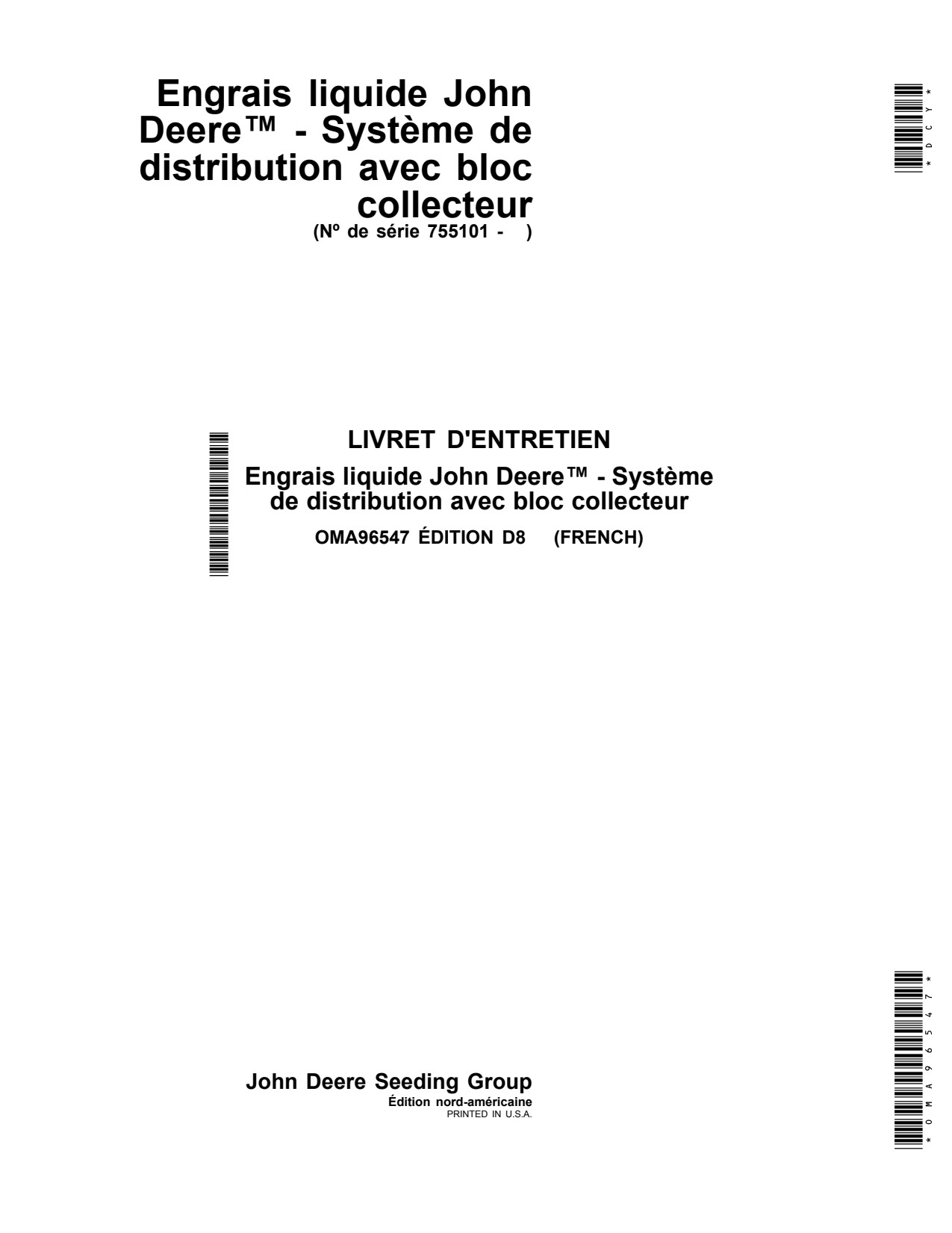 John Deere Liquid Fertilizer Applicator Operator Manual OMA96547 FR 1 John Deere Liquid Fertilizer Applicator Operator Manual OMA96547 FR