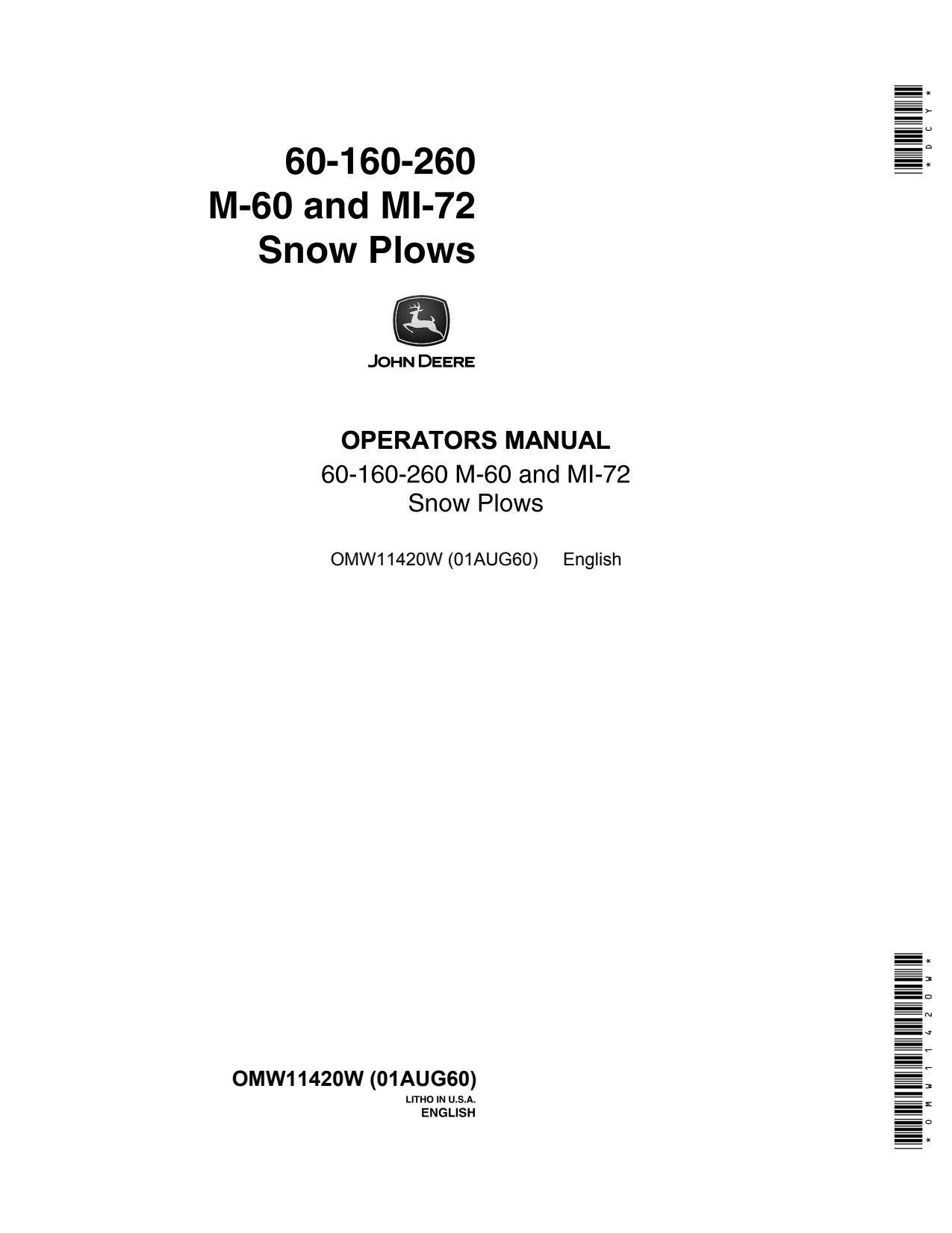John Deere M 260 M-60 MI-72 320 330 40 430 420 60 160 1010 MI Snow Plow Operator Manual OMW11420W 1 John Deere M 260 M-60 MI-72 320 330 40 430 420 60 160 1010 MI Snow Plow Operator Manual OMW11420W