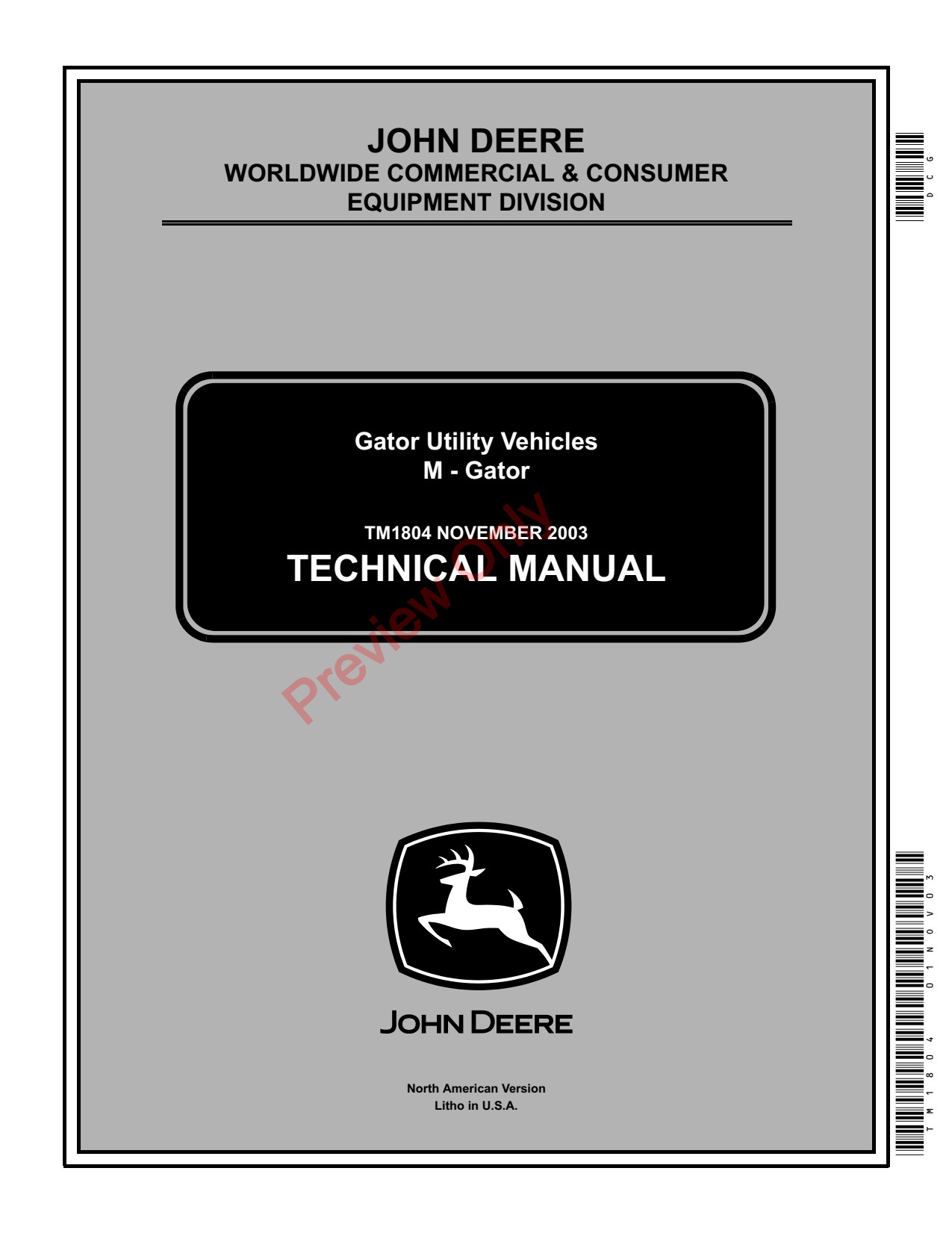 John Deere M-Gator A1 Military Utility Vehicle Gator Technical Manual TM1804 1 John Deere M-Gator A1 Military Utility Vehicle Gator Technical Manual TM1804