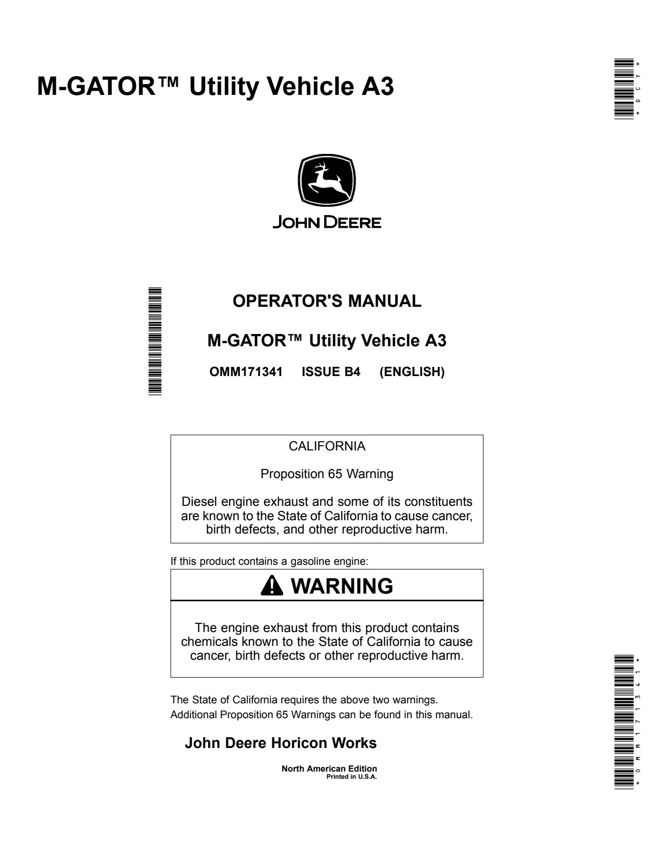 John Deere M-Gator A3 Utility All-Terrain Vehicle ATV Operator Manual OMM171341 1 John Deere M-Gator A3 Utility All-Terrain Vehicle ATV Operator Manual OMM171341