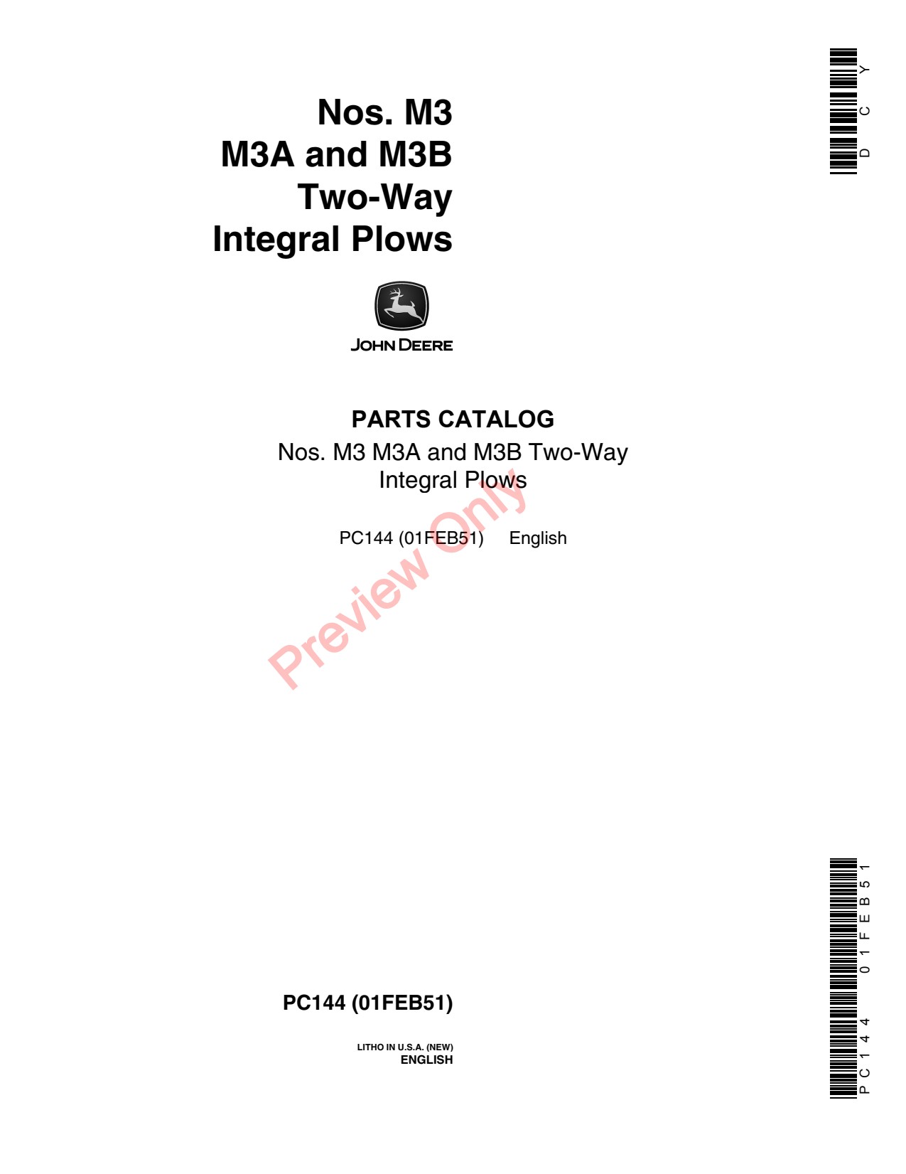 John Deere M3 M3A M3B Two-way Integral Plow Parts Catalog PC144 1 John Deere M3 M3A M3B Two-way Integral Plow Parts Catalog PC144