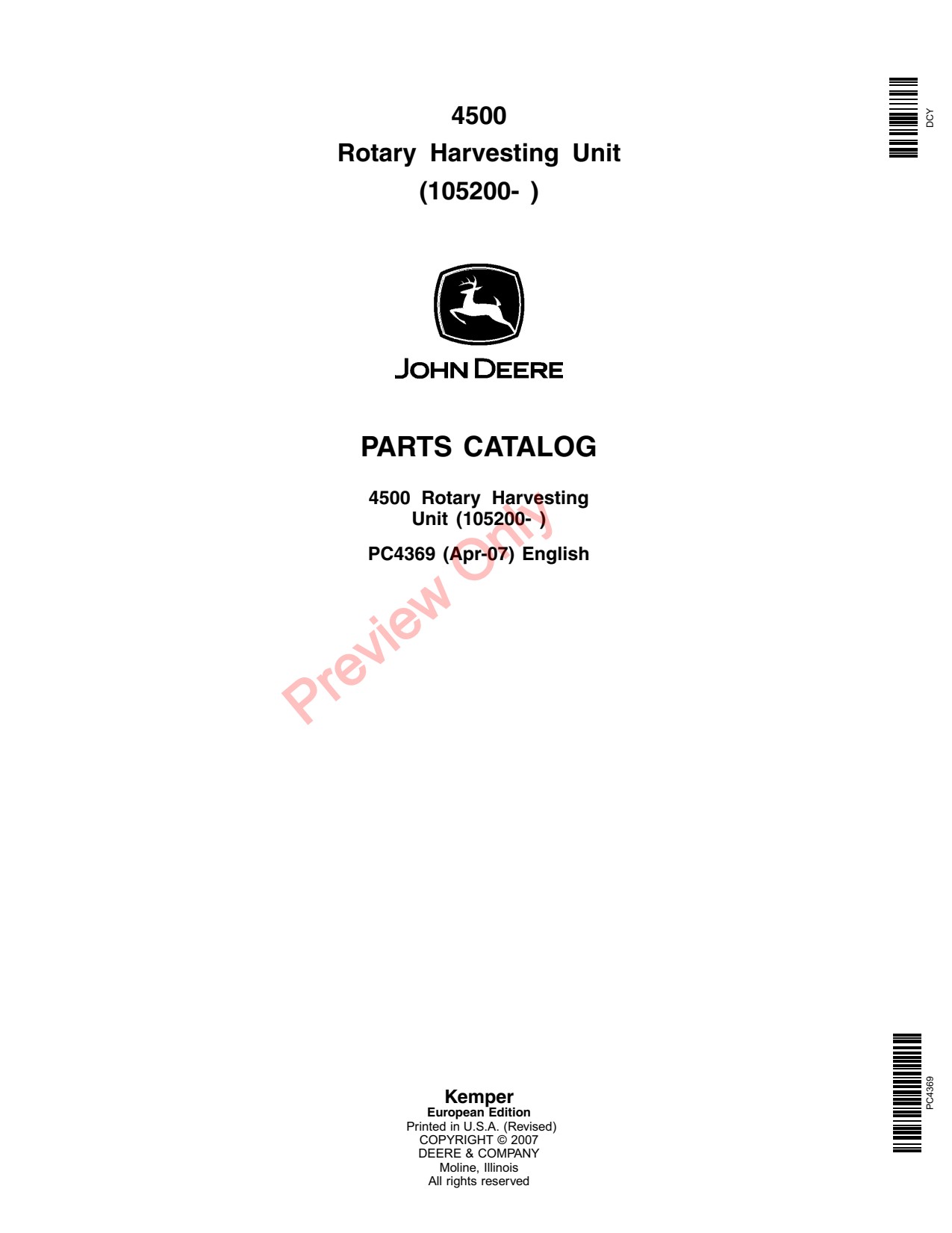 John Deere M4500 4500 Rotary Harvesting Unit Parts Catalog PC4369 1 John Deere M4500 4500 Rotary Harvesting Unit Parts Catalog PC4369