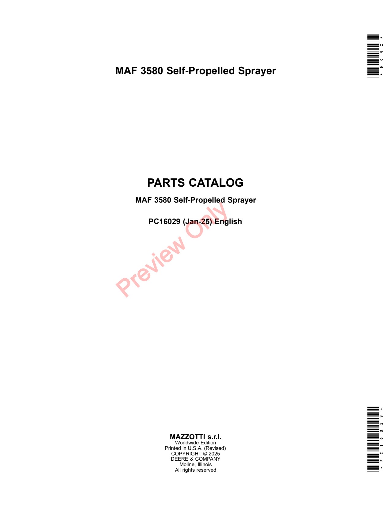 John Deere MAF3580 3580 Self-Propelled Sprayer Parts Catalog PC16029 1 John Deere MAF3580 3580 Self-Propelled Sprayer Parts Catalog PC16029