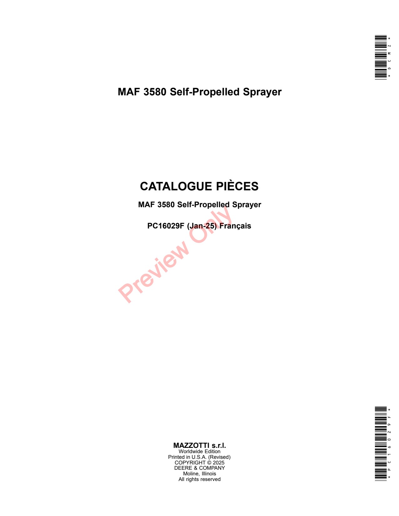 John Deere MAF3580 3580 Self-Propelled Sprayer Parts Catalog PC16029F FR 1 John Deere MAF3580 3580 Self-Propelled Sprayer Parts Catalog PC16029F FR