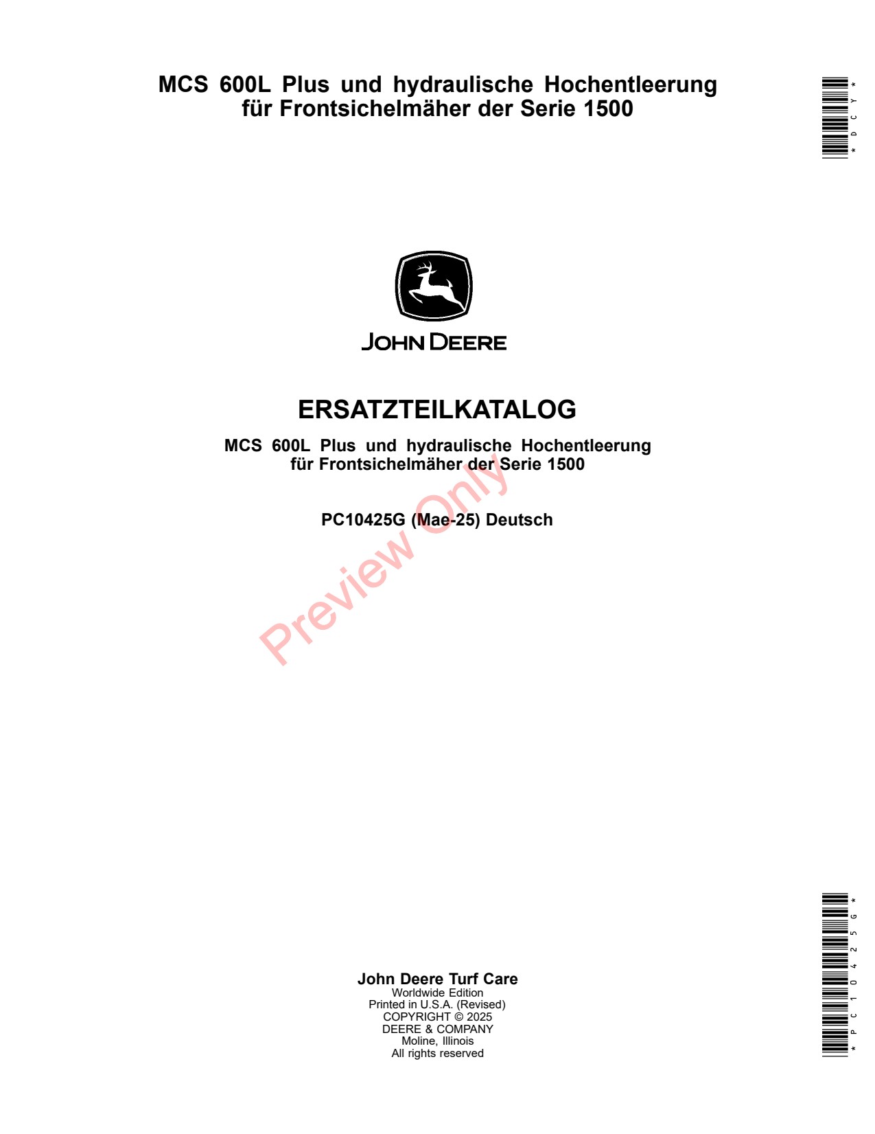 John Deere MCS600L 1500 600L Front Mower Parts Catalog PC10425G DE 1 John Deere MCS600L 1500 600L Front Mower Parts Catalog PC10425G DE