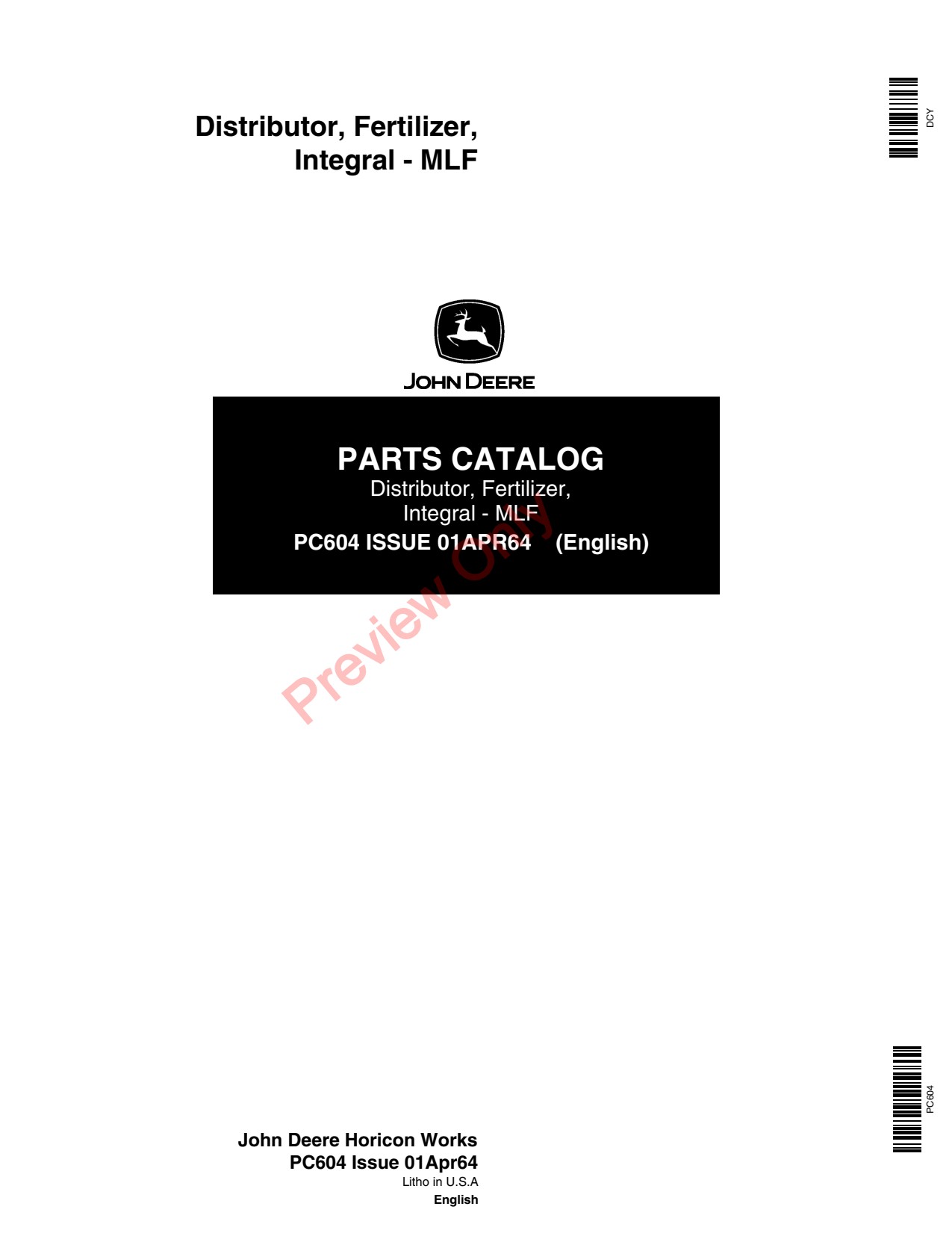 John Deere MLF Integral Fertilizer Applicator Parts Catalog PC604 1 John Deere MLF Integral Fertilizer Applicator Parts Catalog PC604