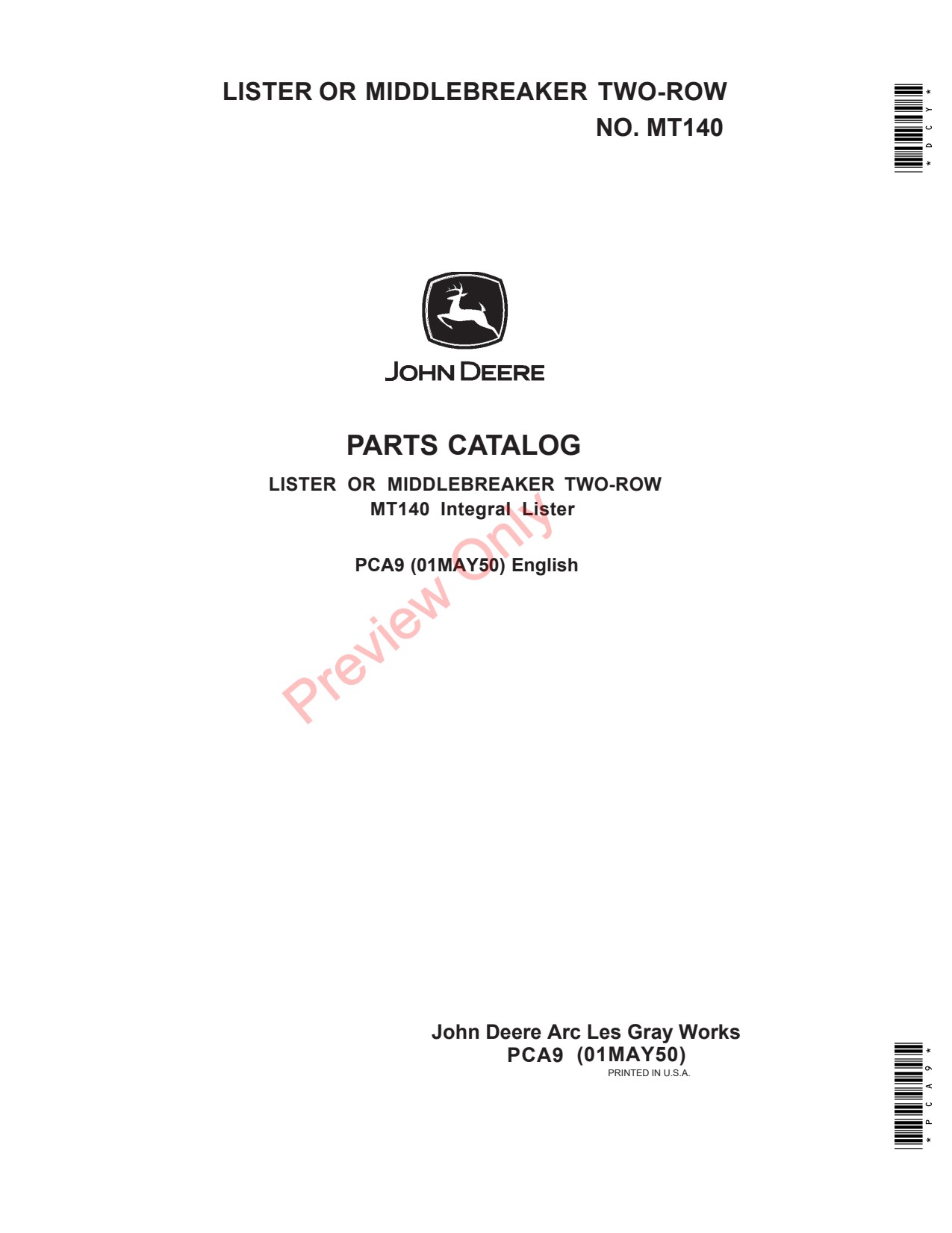 John Deere MT140 Two-row Lister Parts Catalog PCA9