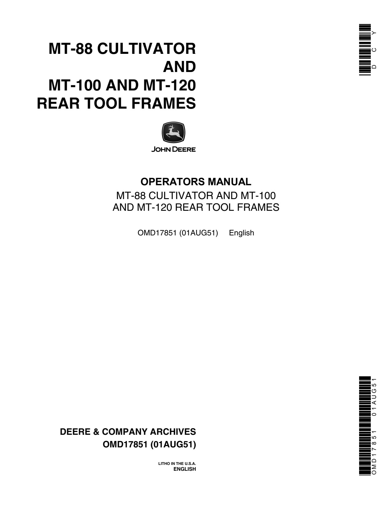 John Deere MT88 MT100 MT120 Cultivator Operator Manual OMD17851 1 John Deere MT88 MT100 MT120 Cultivator Operator Manual OMD17851