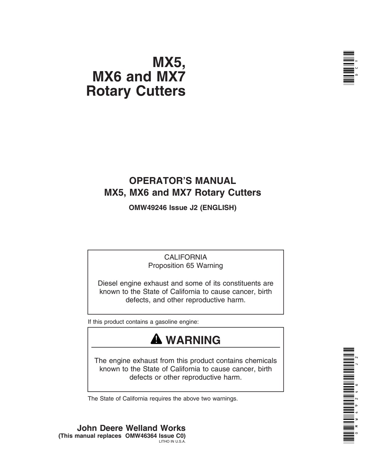 John Deere MX5 MX7 MX6 Rotary Cutter Operator Manual OMW49246 1 John Deere MX5 MX7 MX6 Rotary Cutter Operator Manual OMW49246