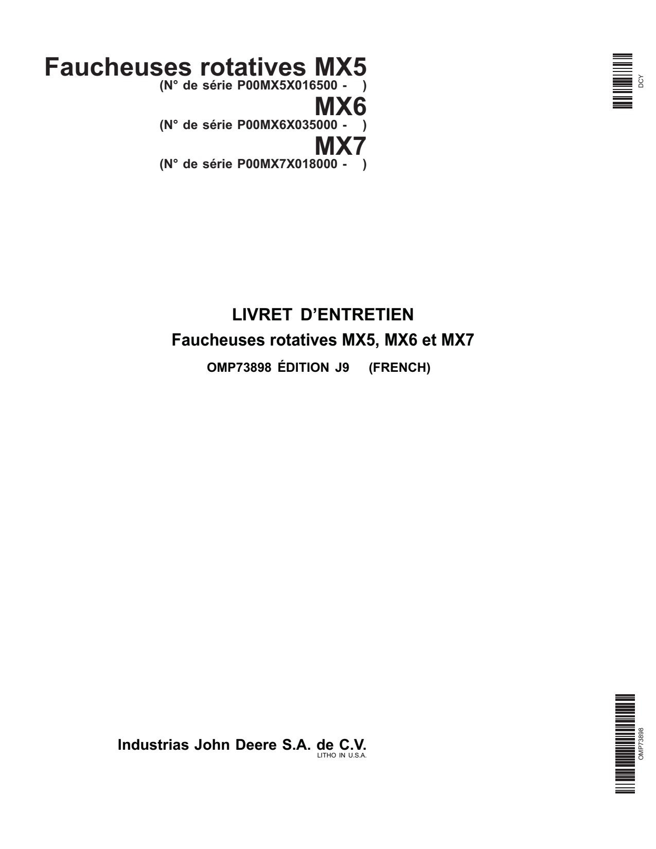 John Deere MX5 to MX7 Rotary Cutter Operator Manual OMP73898 FR 1 John Deere MX5 to MX7 Rotary Cutter Operator Manual OMP73898 FR