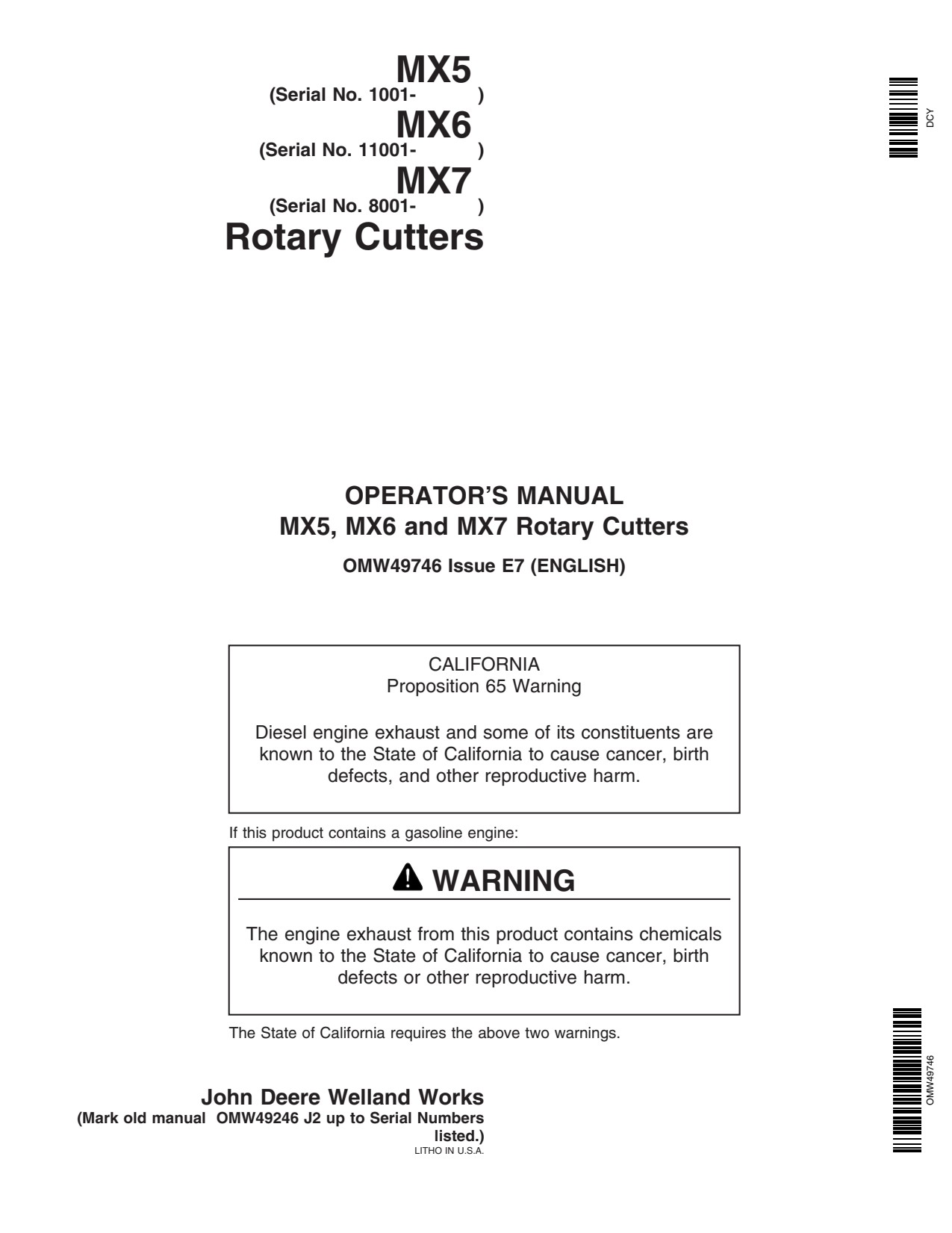 John Deere MX6 MX5 MX7 Rotary Cutter Operator Manual OMW49746 1 John Deere MX6 MX5 MX7 Rotary Cutter Operator Manual OMW49746