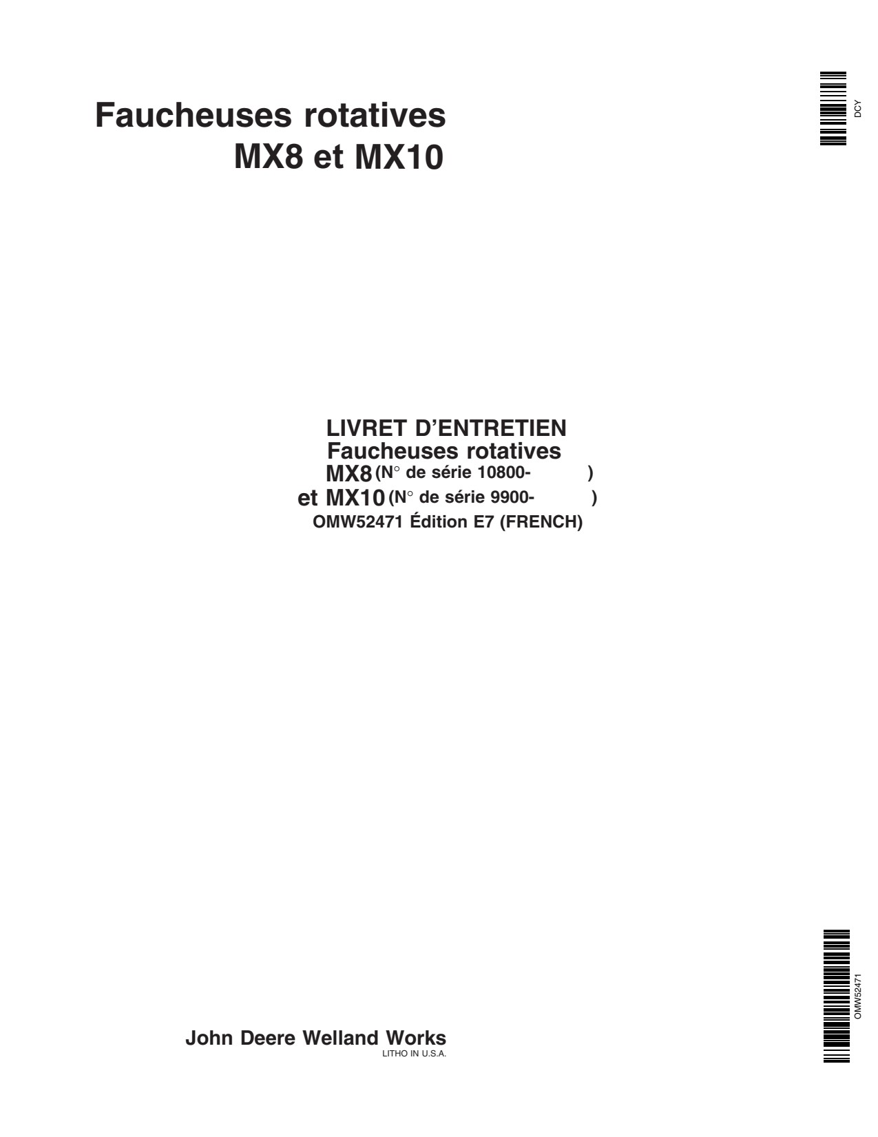 John Deere MX8 MX10 Rotary Cutter Operator Manual OMW52471 FR 1 John Deere MX8 MX10 Rotary Cutter Operator Manual OMW52471 FR