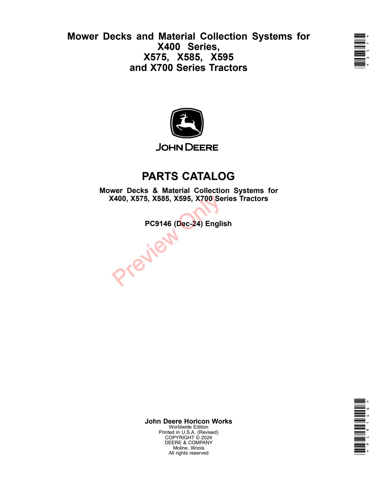 John Deere Mower Decks Material Collection Systems for X400 Series X575 X585 X595 X700 Series Tractors System Parts Catalog PC9146 1 John Deere Mower Decks Material Collection Systems for X400 Series X575 X585 X595 X700 Series Tractors System Parts Catalog PC9146