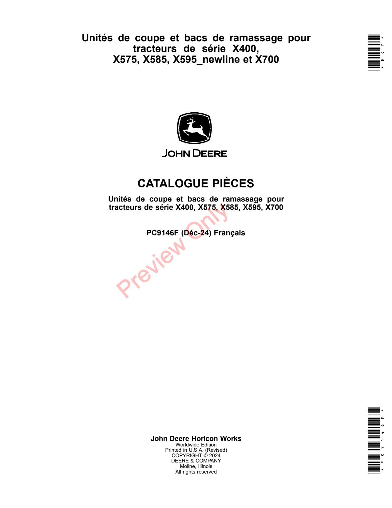 John Deere Mower Decks Material Collection Systems for X400 Series X575 X585 X595 X700 Series Tractors System Parts Catalog PC9146F FR 1 John Deere Mower Decks Material Collection Systems for X400 Series X575 X585 X595 X700 Series Tractors System Parts Catalog PC9146F FR