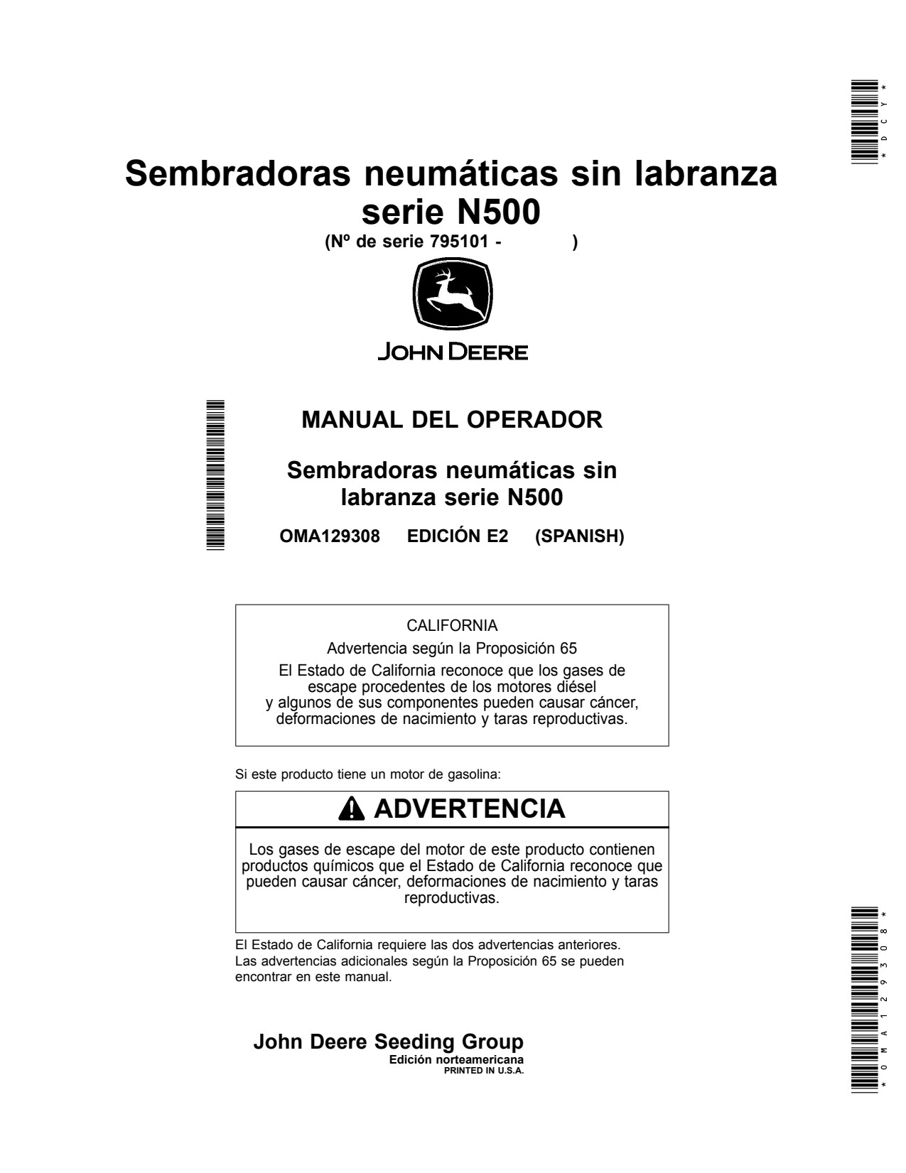 John Deere N530 N542 N540 N536 N500 No-till Air Drill Operator Manual OMA129308 ES 1 John Deere N530 N542 N540 N536 N500 No-till Air Drill Operator Manual OMA129308 ES