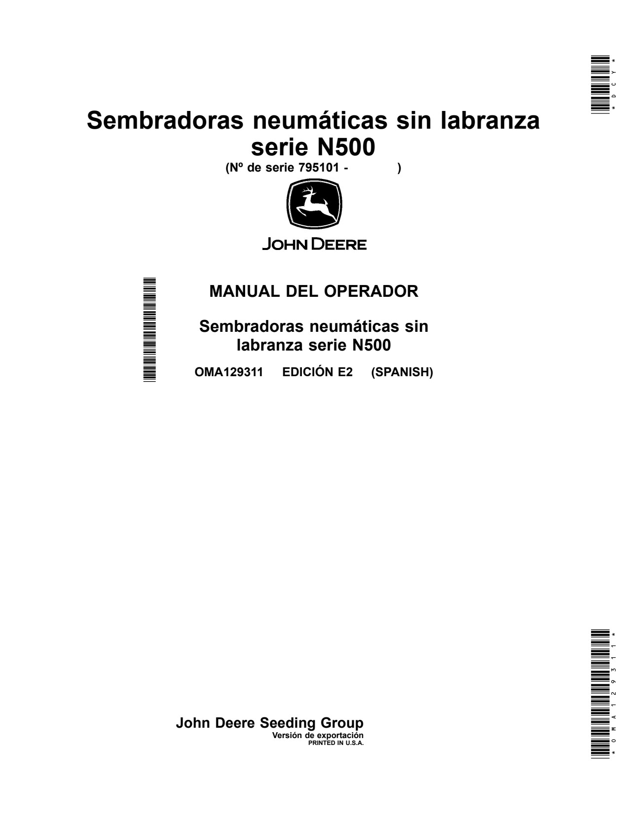 John Deere N530 N542 N540 N536 N500 No-till Air Drill Operator Manual OMA129311 ES 1 John Deere N530 N542 N540 N536 N500 No-till Air Drill Operator Manual OMA129311 ES
