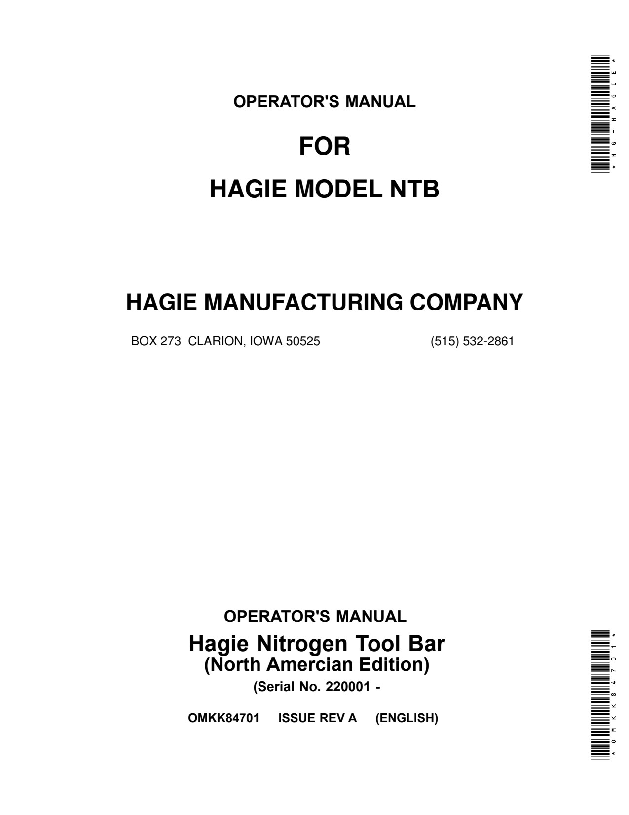 John Deere NTB Nitrogen Tool Bar STS12 to STS20 Self-Propelled Sprayer Operator Manual OMKK84701 1 John Deere NTB Nitrogen Tool Bar STS12 to STS20 Self-Propelled Sprayer Operator Manual OMKK84701