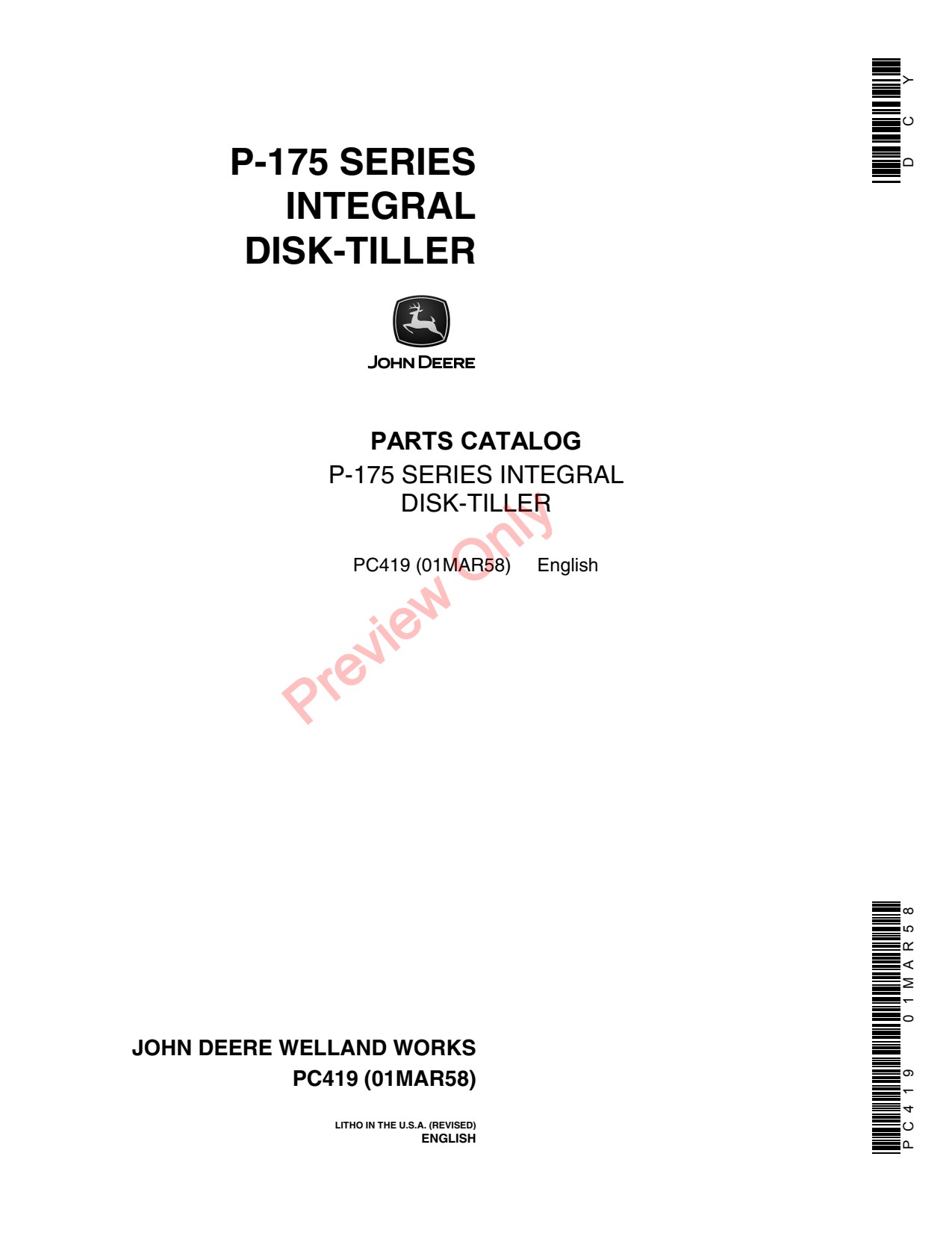 John Deere P175 P-175 Integral Disk-Tiller Parts Catalog PC419 1 John Deere P175 P-175 Integral Disk-Tiller Parts Catalog PC419