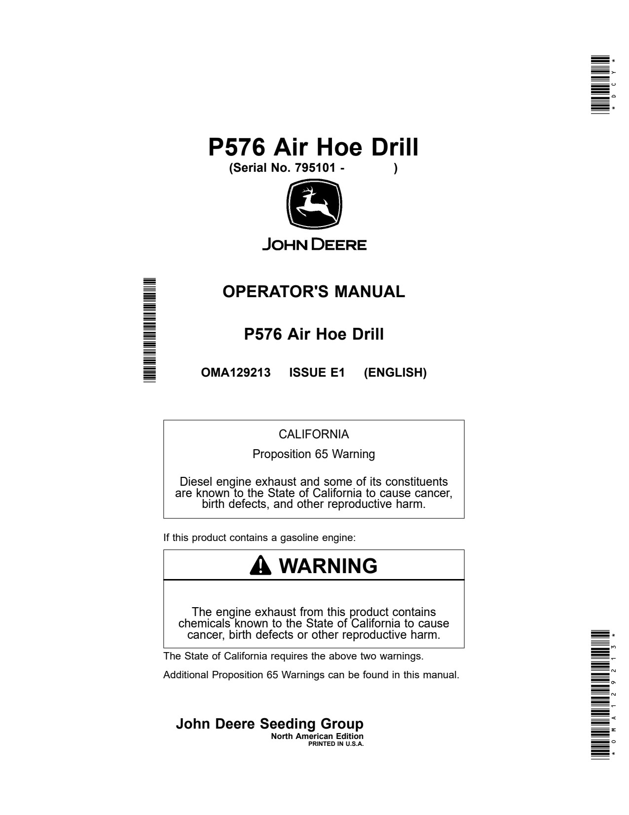 John Deere P576 Air Hoe Drill Operator Manual OMA129213 1 John Deere P576 Air Hoe Drill Operator Manual OMA129213
