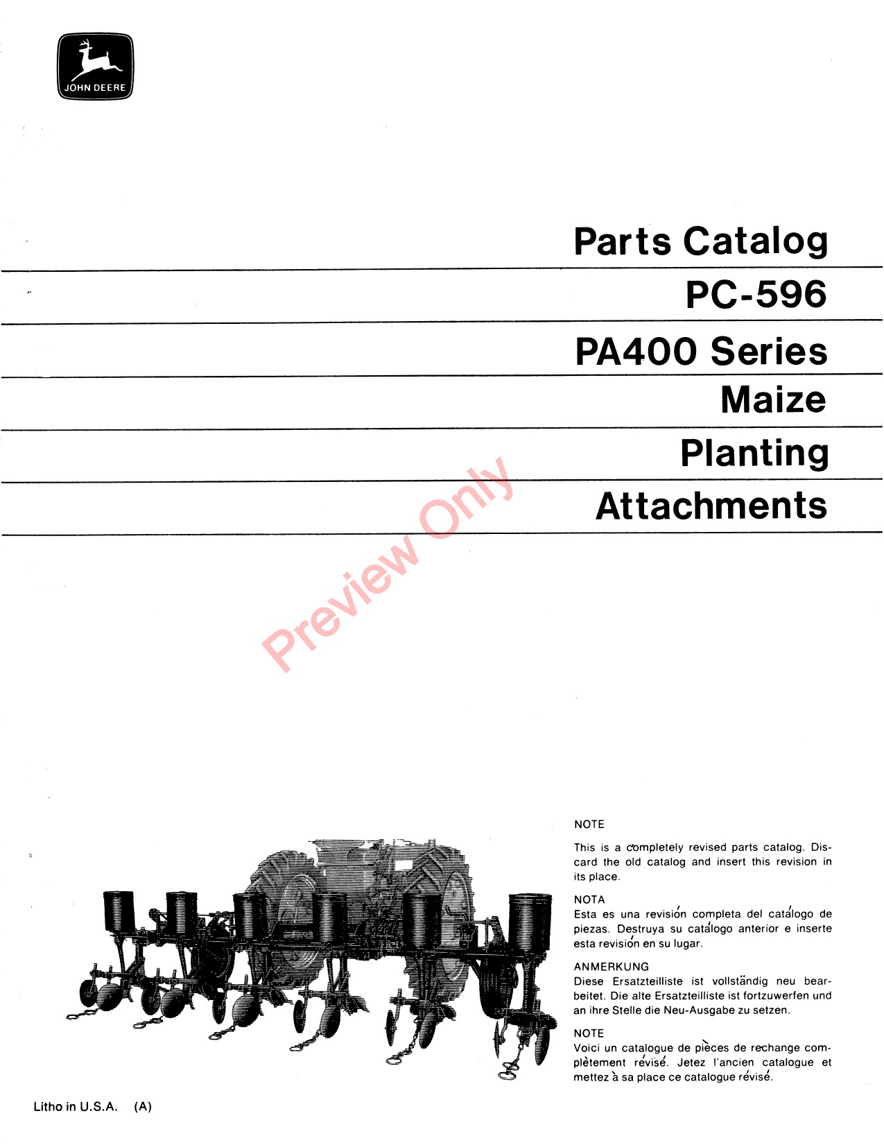 John Deere PA400 Maize Planting Attachment Parts Catalog PC596 1 John Deere PA400 Maize Planting Attachment Parts Catalog PC596