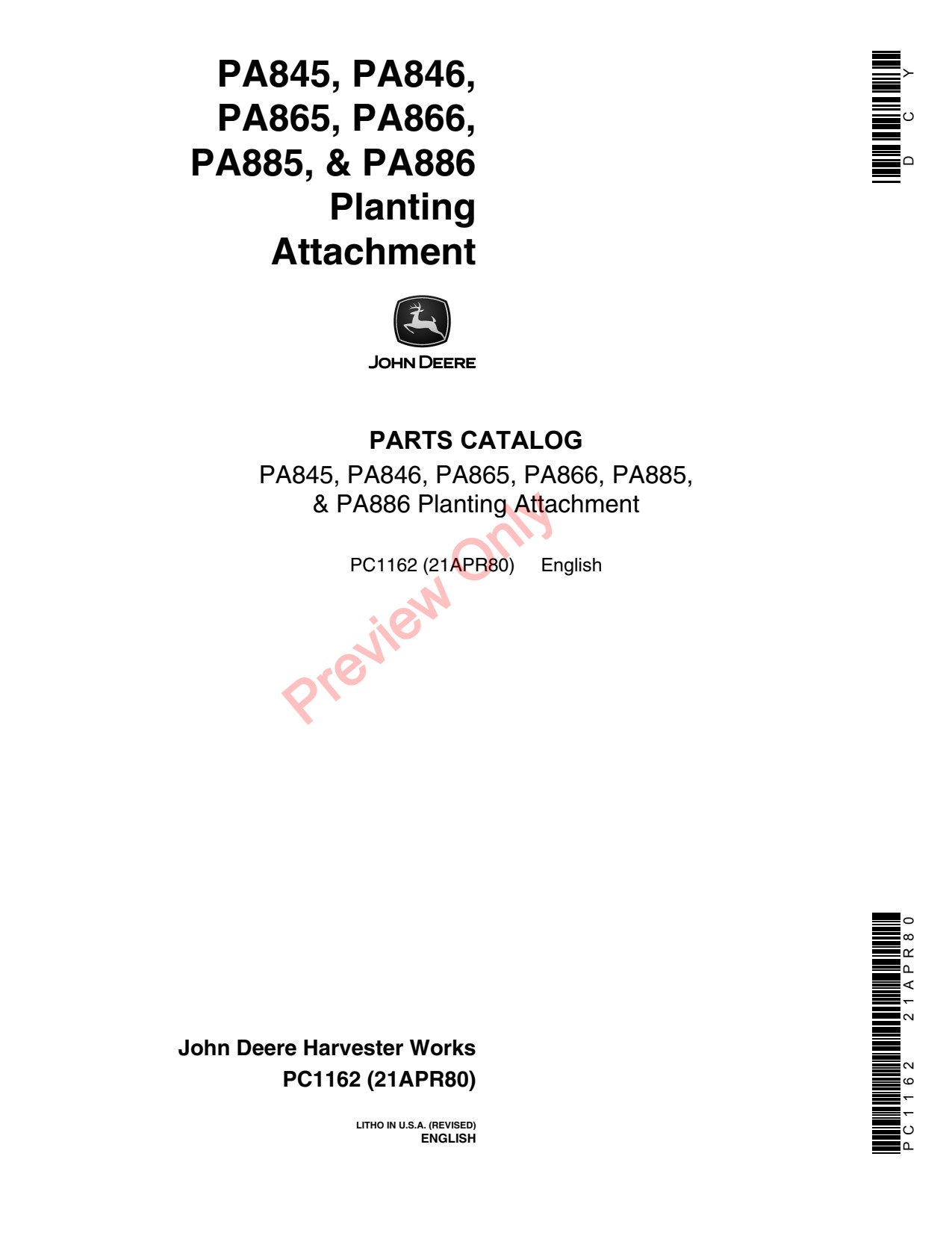 John Deere PA845 to PA885 PA846 PA886 Planting Attachment Parts Catalog PC1162 1 John Deere PA845 to PA885 PA846 PA886 Planting Attachment Parts Catalog PC1162