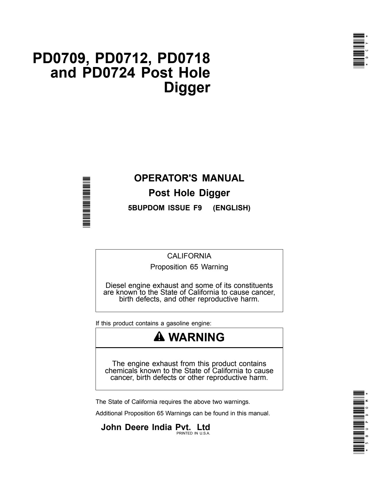 John Deere PD0709 PD0712 to PD0724 Post Hole Digger Operator Manual 5BUPDOM 1 John Deere PD0709 PD0712 to PD0724 Post Hole Digger Operator Manual 5BUPDOM