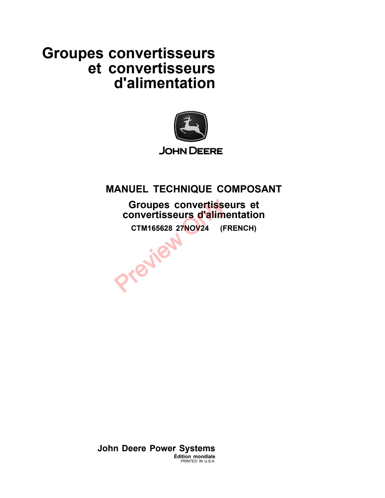 John Deere PD280 PD400 Engine Generator Component Technical Manual CTM165628 FR 1 John Deere PD280 PD400 Engine Generator Component Technical Manual CTM165628 FR
