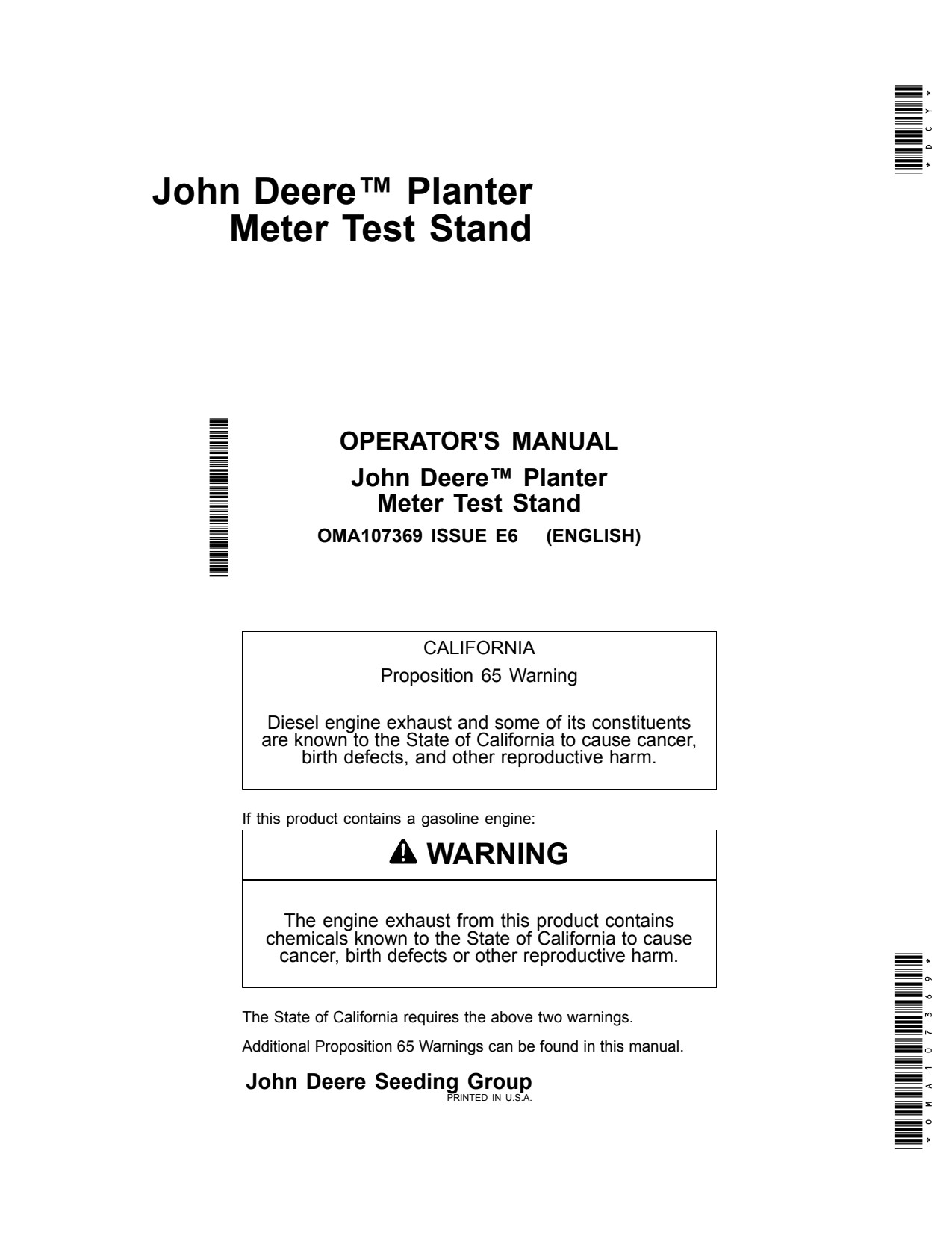 John Deere Planter Meter Test Stand Operator Manual OMA107369 1 John Deere Planter Meter Test Stand Operator Manual OMA107369