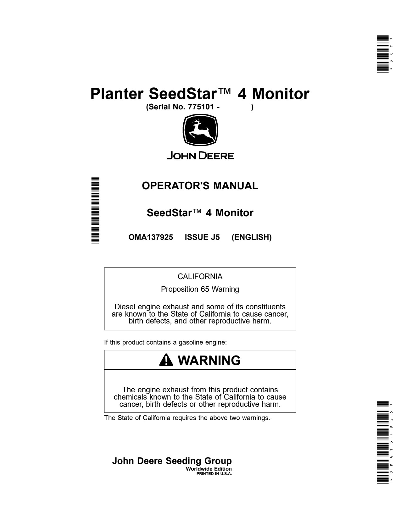 John Deere Planter SeedStar™ 4 Monitor Operator Manual OMA137925 1 John Deere Planter SeedStar™ 4 Monitor Operator Manual OMA137925